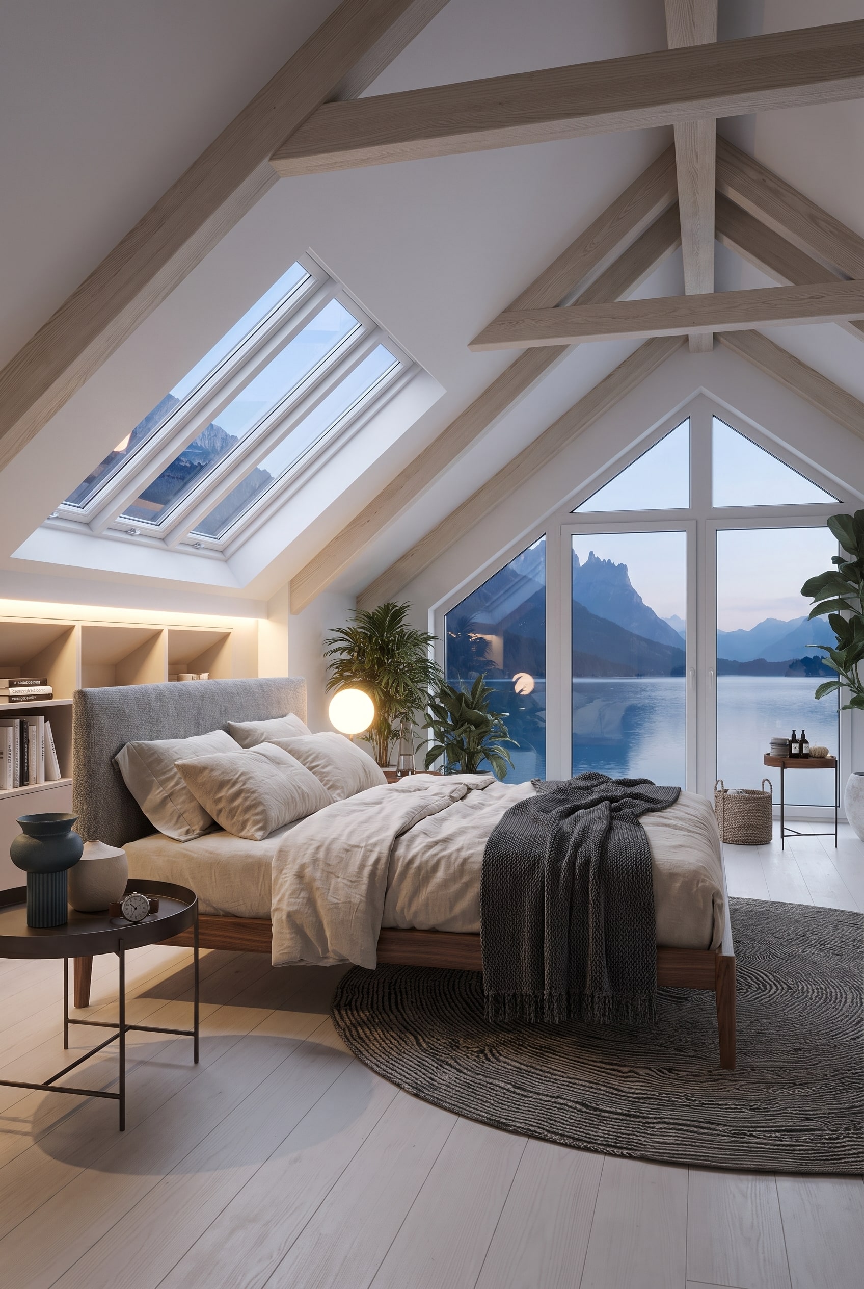 Elegant bed met houten frame en grijs gestoffeerd hoofdbord in een lichte slaapkamer onder het dak