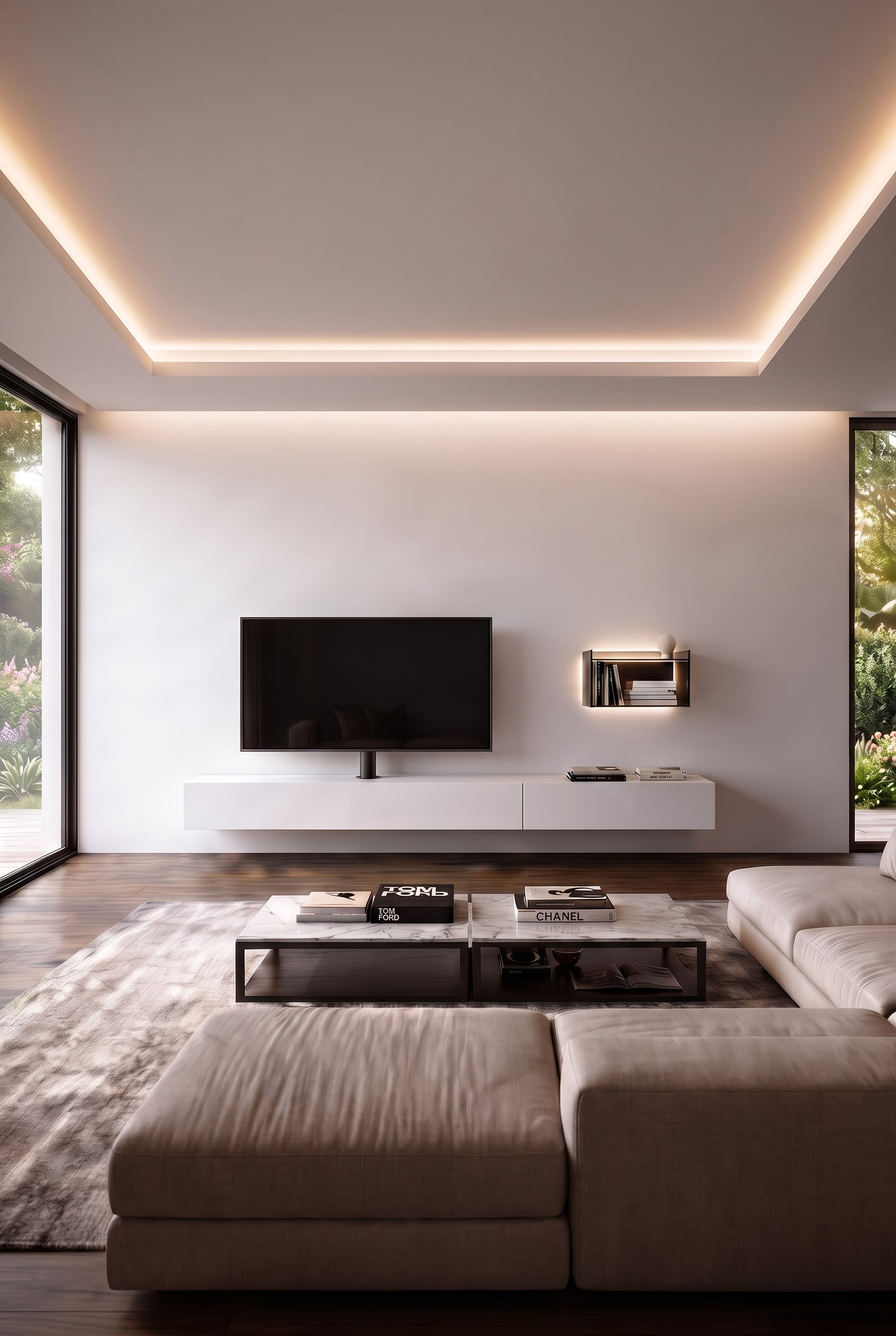 Minimalistisches, weißes Lowboard mit einer integrierten schwarzen TV-Halterungssäule, Fernseher montiert, komplett kabellos, vor einer glatten weißen Wand.