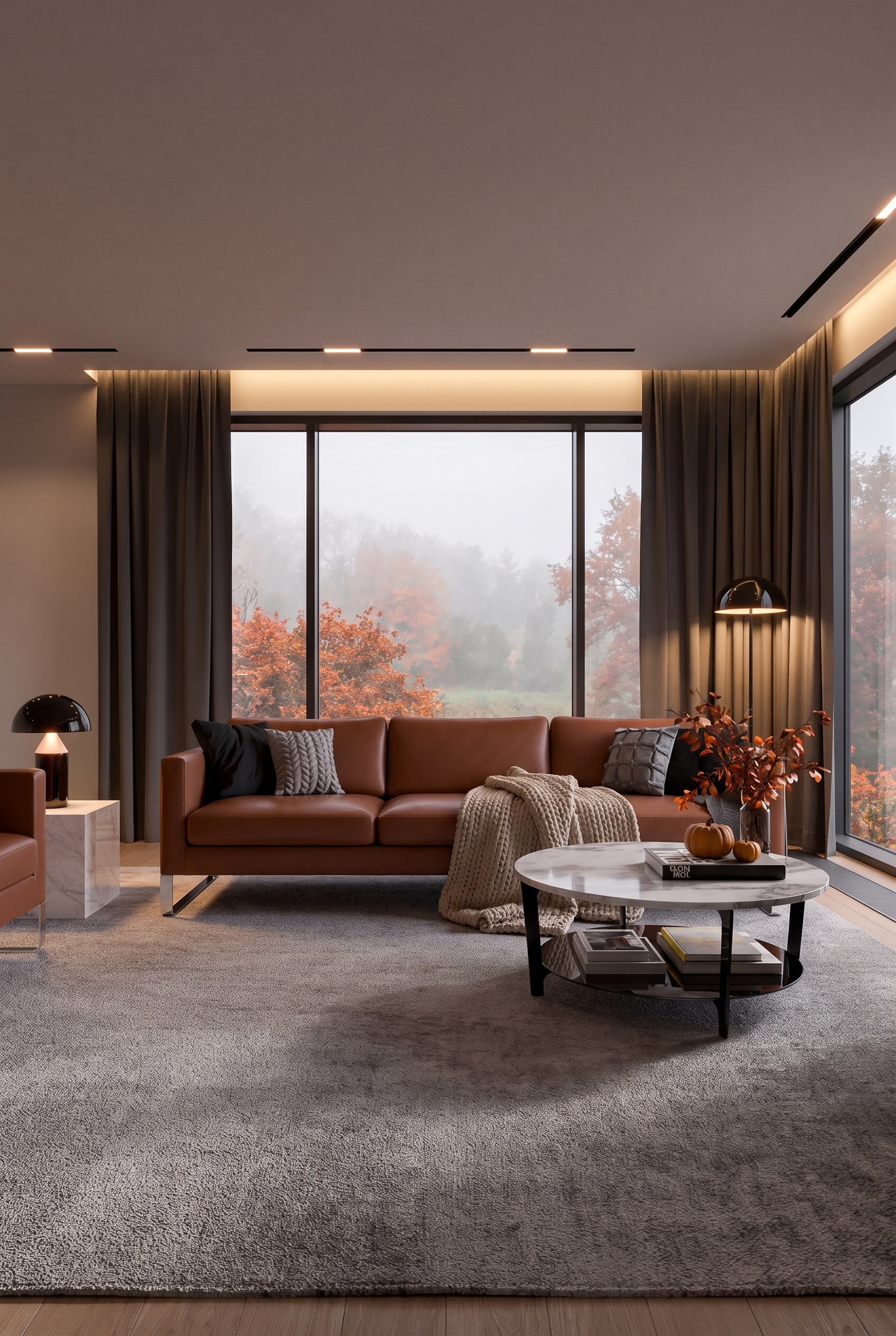 Wohnzimmer mit cognacfarbenem Ledersofa vor bodentiefen Fenstern, warmer Lichteinfall, Herbststimmung