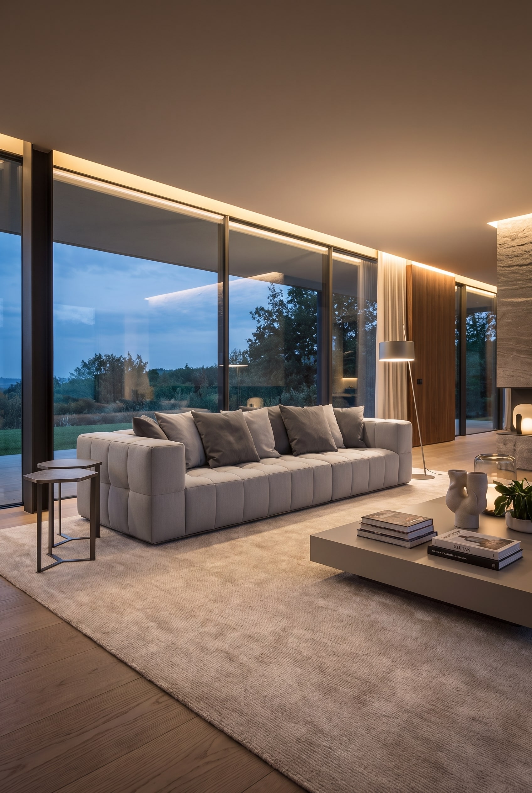 Luxe woonkamer met uitgestrekte, grijze modulaire bank op een groot licht tapijt