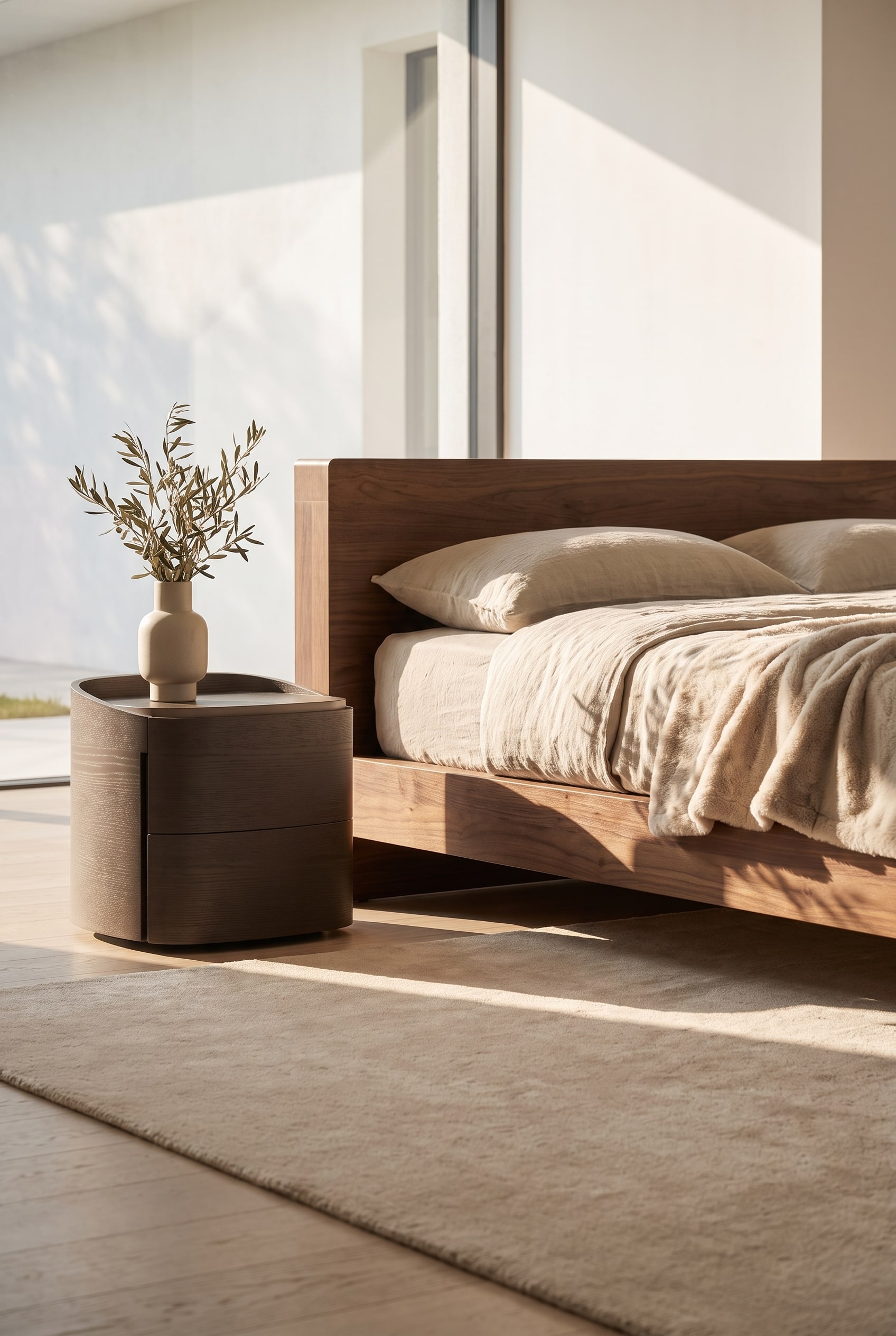 Lichte slaapkamer met hoekig houten bed en het cilindrische Livitalia Nachtkastje Round in matlak