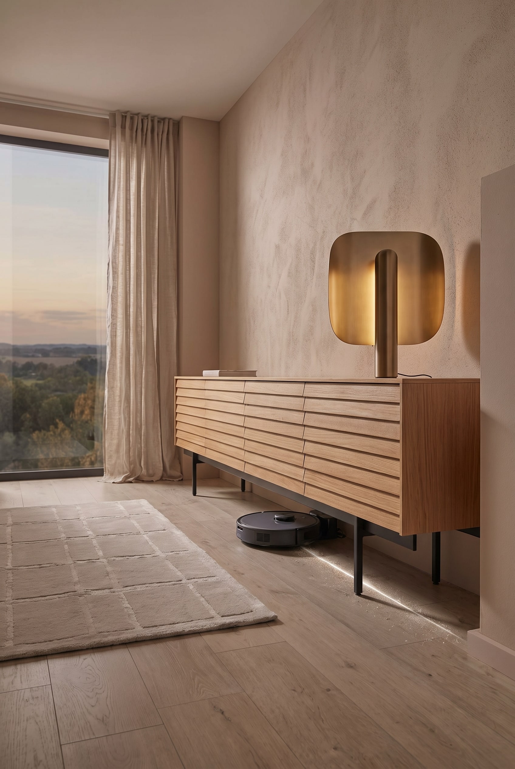 Una credenza massiccia in rovere con battiscopa scuro &egrave; a filo con la parete, mentre un robot aspirapolvere urta il battiscopa e davanti ad esso si forma una striscia di polvere chiara.