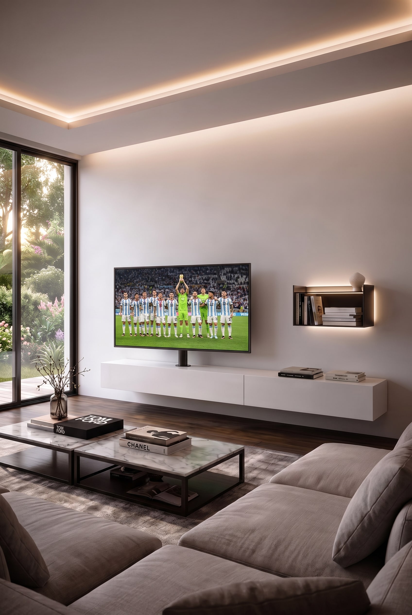 Moderne woonkamer met wit tv-dressoir, zwevende draaibare tv-beugel en grijze gestoffeerde bank voor grote ramen