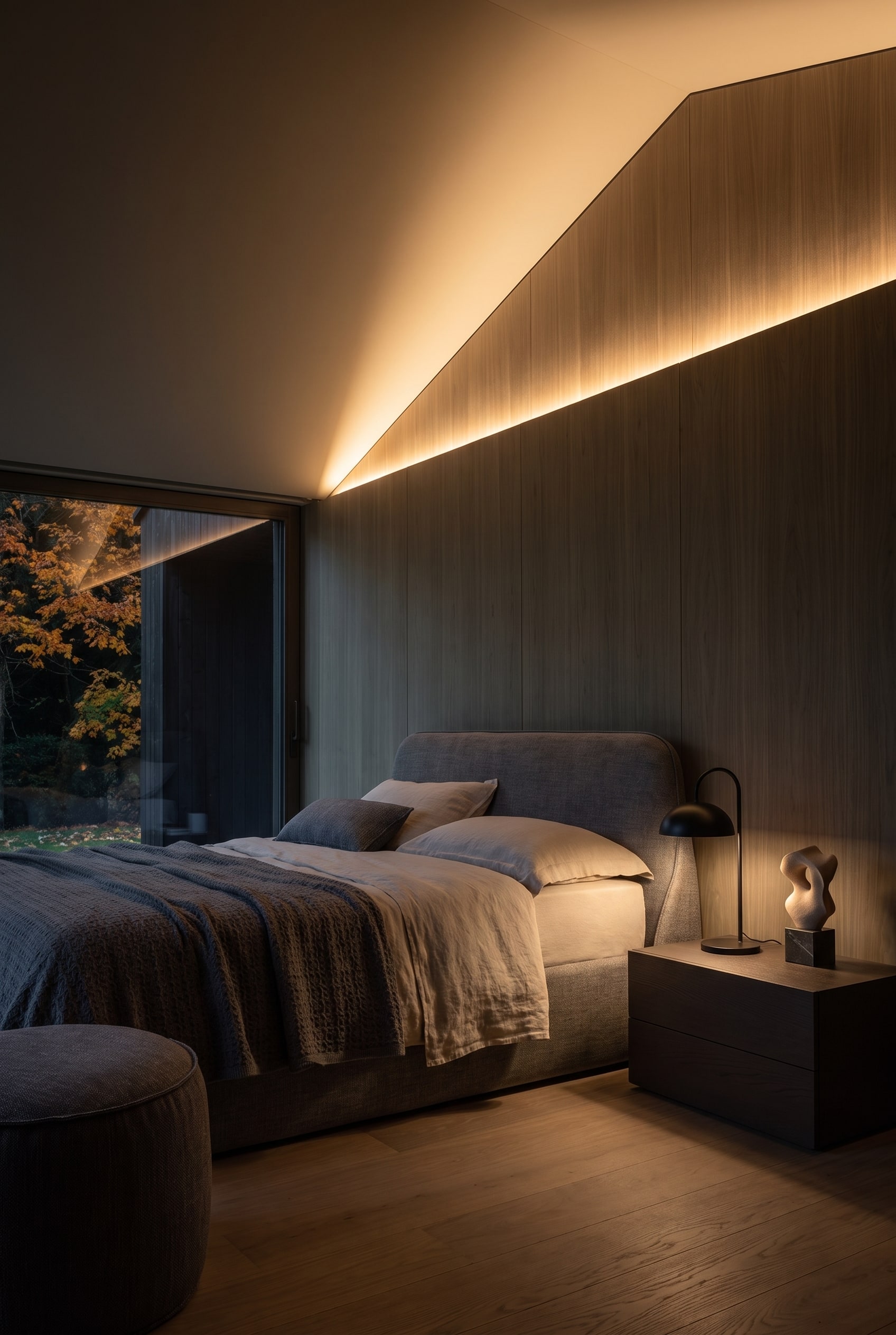 Primo piano di un letto completamente imbottito con tessuti spessi in feltro e cashmere, accanto a pesanti tende per l'isolamento acustico