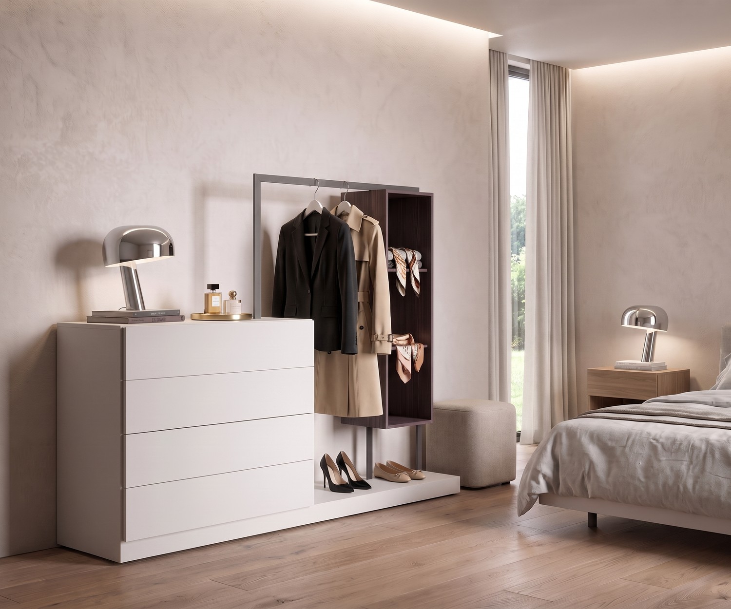 Schlafzimmer Kommode mit Garderobe Easy 4 von Novamobili. Weißer stummer Diener mit Kleiderstange und Regal.