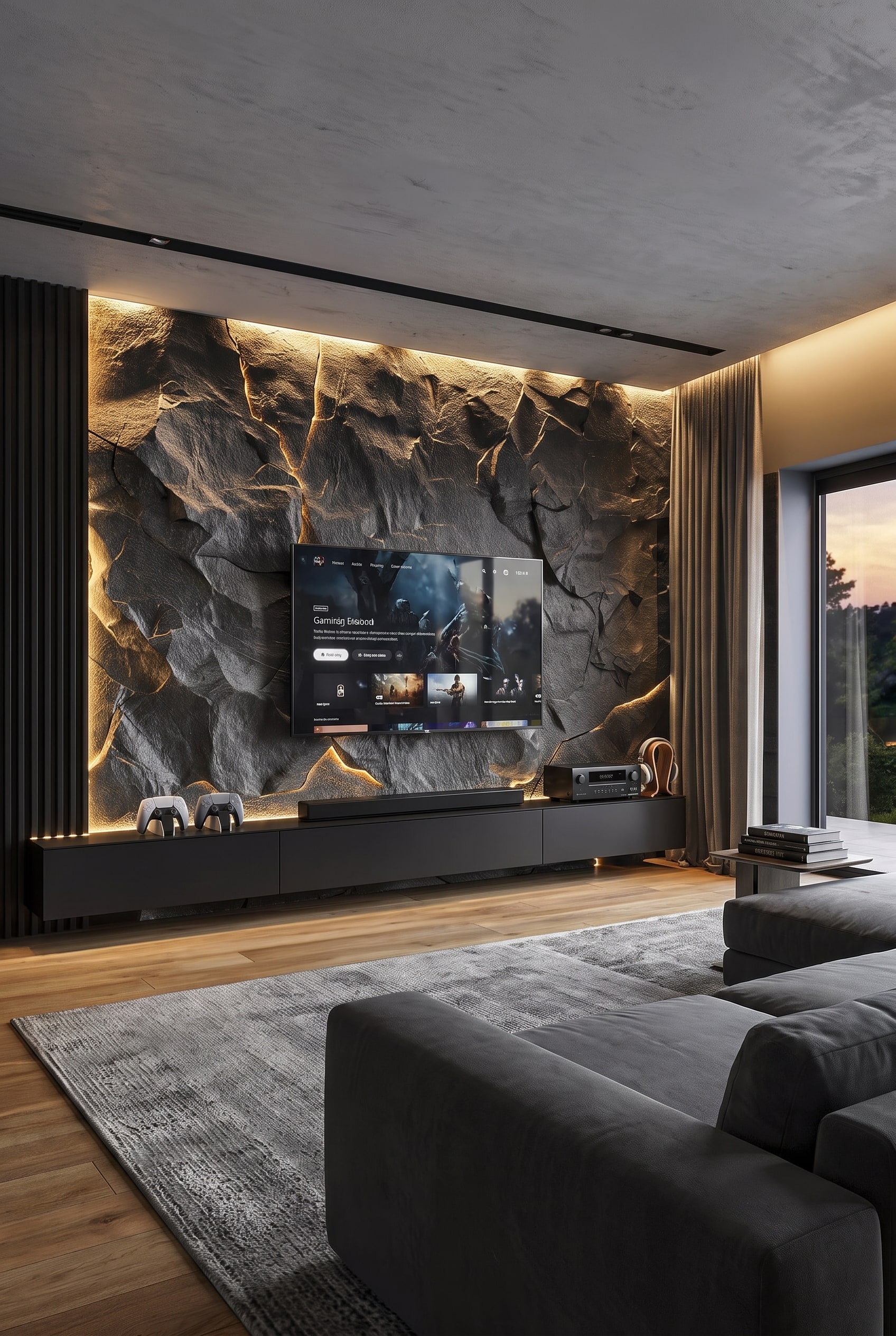 Ergonomische woonkamer-setup met een plat lowboard en een perfect op ooghoogte gepositioneerde flatscreen-televisie voor comfortabel gamen.