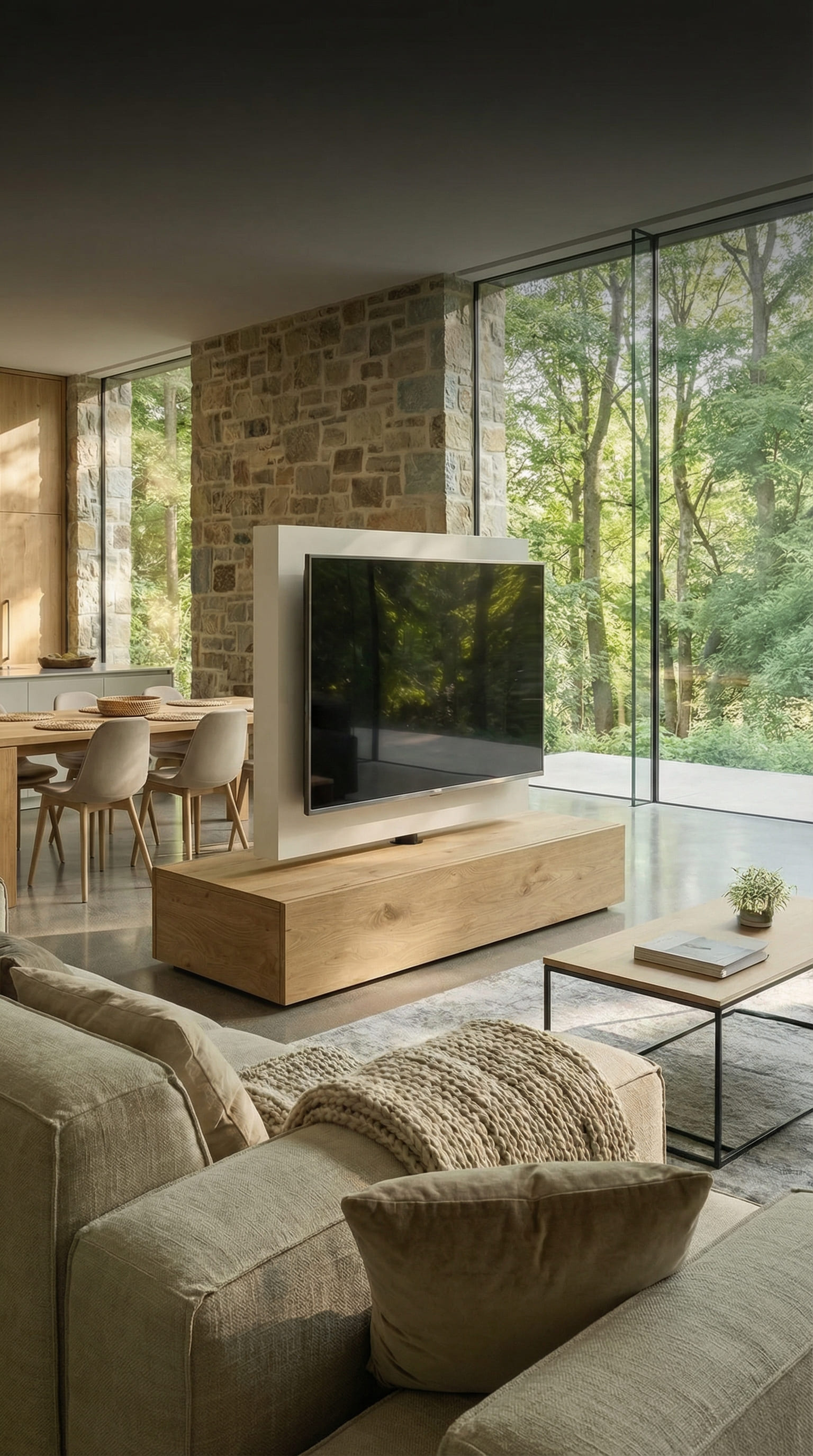 Freistehender Roto TV Raumteiler drehbar in offenem Loft mit Blick ins Grüne Freistehender Roto TV Raumteiler drehbar in offenem Loft mit Blick ins Grüne