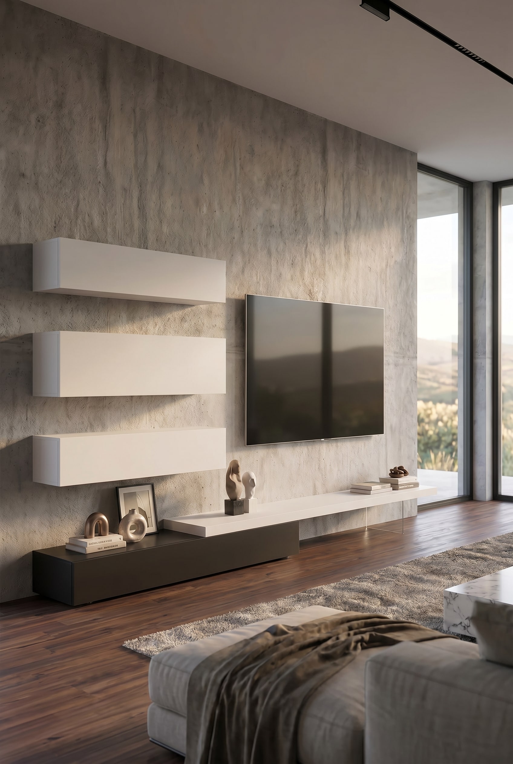 Minimalistische woonwand met witte hangelementen, zwart dressoir en ruwe betonmuur op de achtergrond