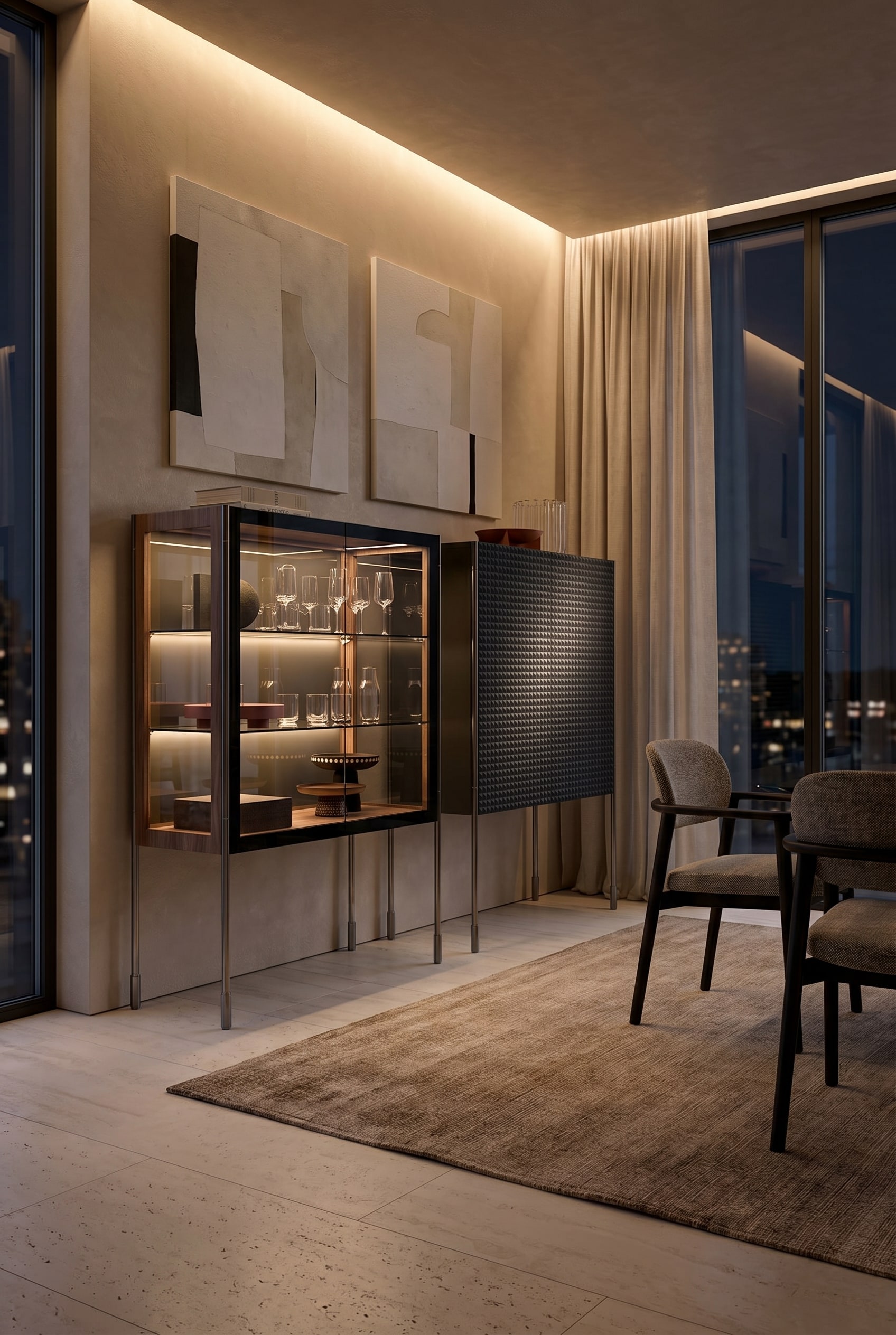 Minimalistische woonkamer met matzwart 3D-structuur highboard en aangrenzend glazen vitrine-element