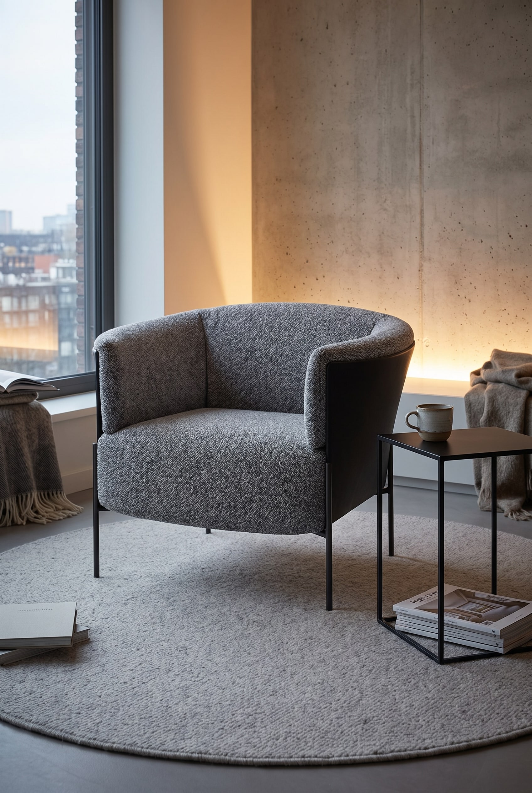 Minimalistische leeshoek met gebogen stoffen fauteuil op een rond accenttapijt naast een bijzettafel