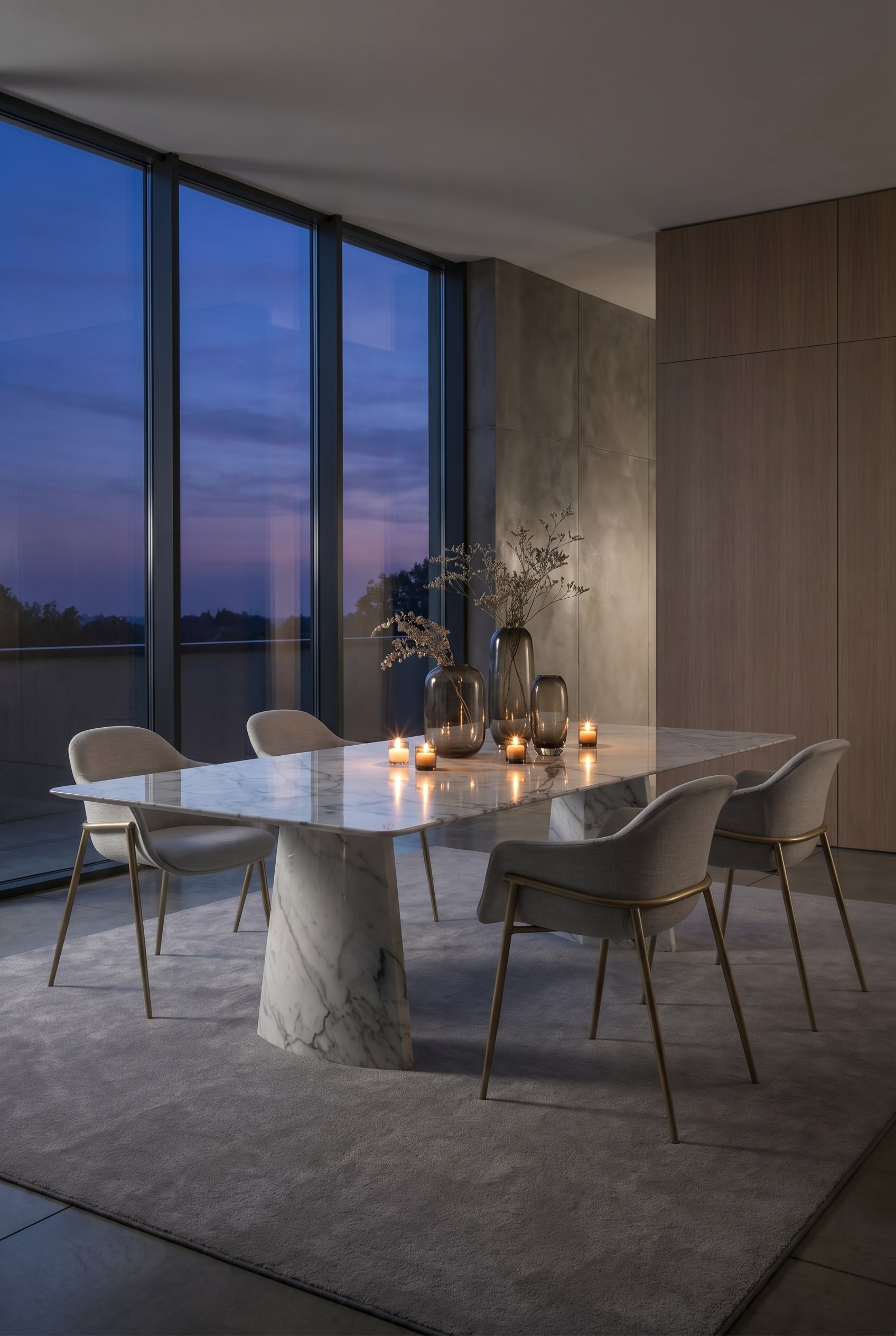 Luxe eetkamer in het schemerlicht met een lichte marmeren tafel, rokerige glazen vazen en eenvoudige donkergrijze stoelen
