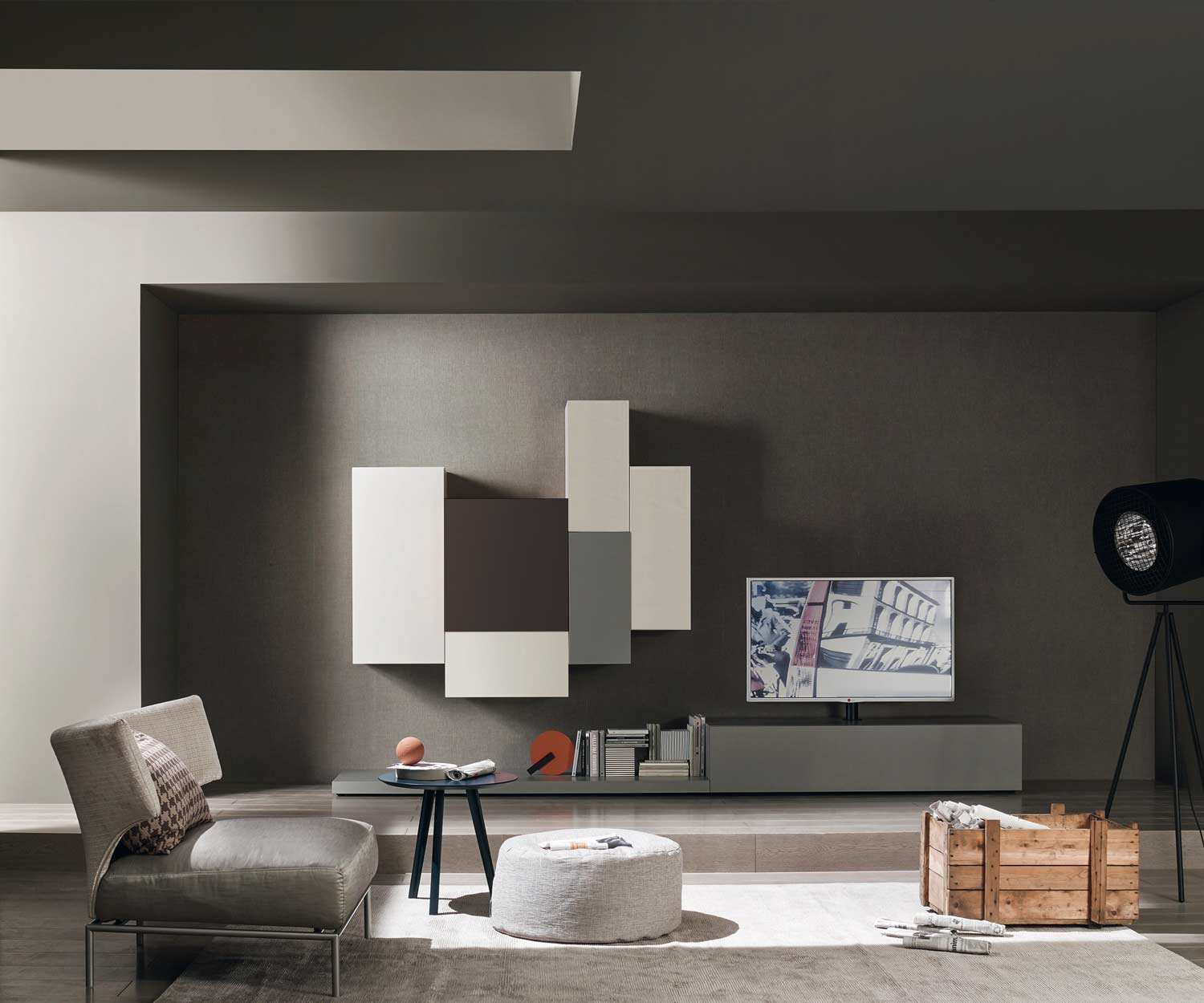Moderne Wohnzimmer Design Hängeschranke Grau in verschiedenen Höhen Moderne Wohnzimmer Design Hängeschranke Grau in verschiedenen Höhen