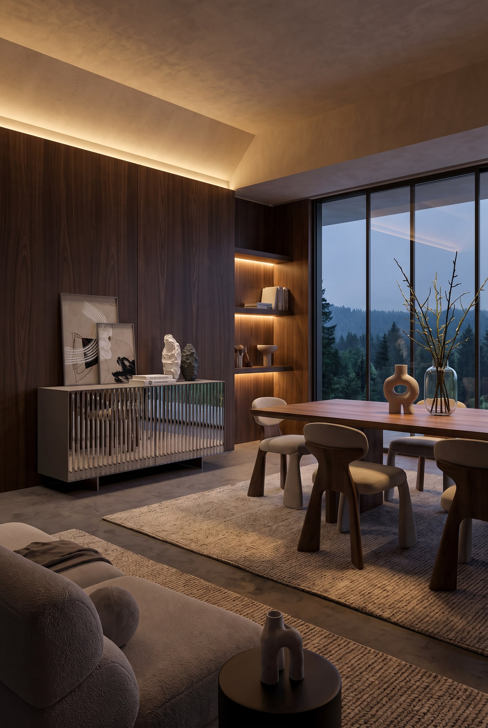 Espace de vie &eacute;clectique avec un buffet aux fa&ccedil;ades r&eacute;fl&eacute;chissantes, d&eacute;cor&eacute; de sculptures et de branches dans un vase