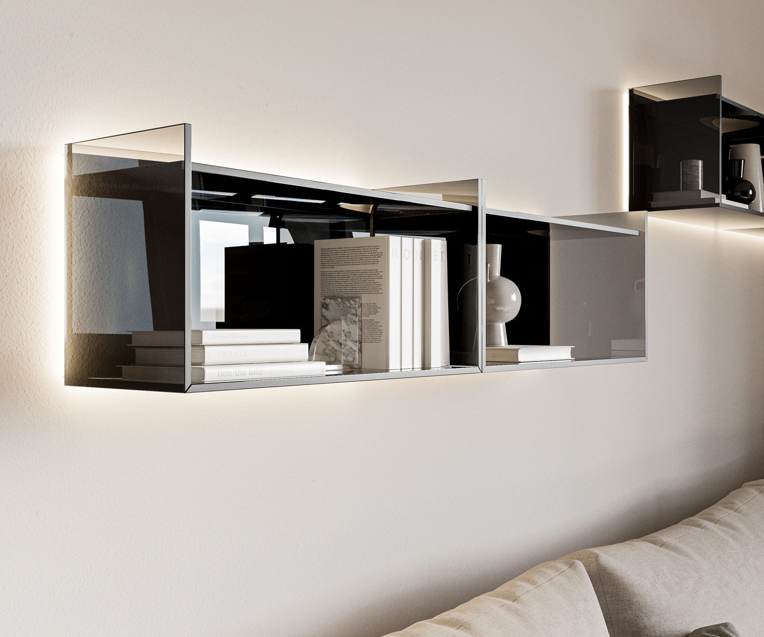 Exklusives Livitalia Design Glas Wandregal im Wohnzimmer über Couch Exklusives Livitalia Design Glas Wandregal im Wohnzimmer über Couch