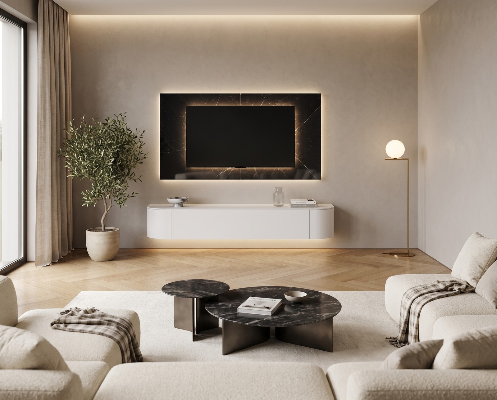 Novamobili Tondora lowboard in matt white, W 210 cm, wall-mounted in a living room