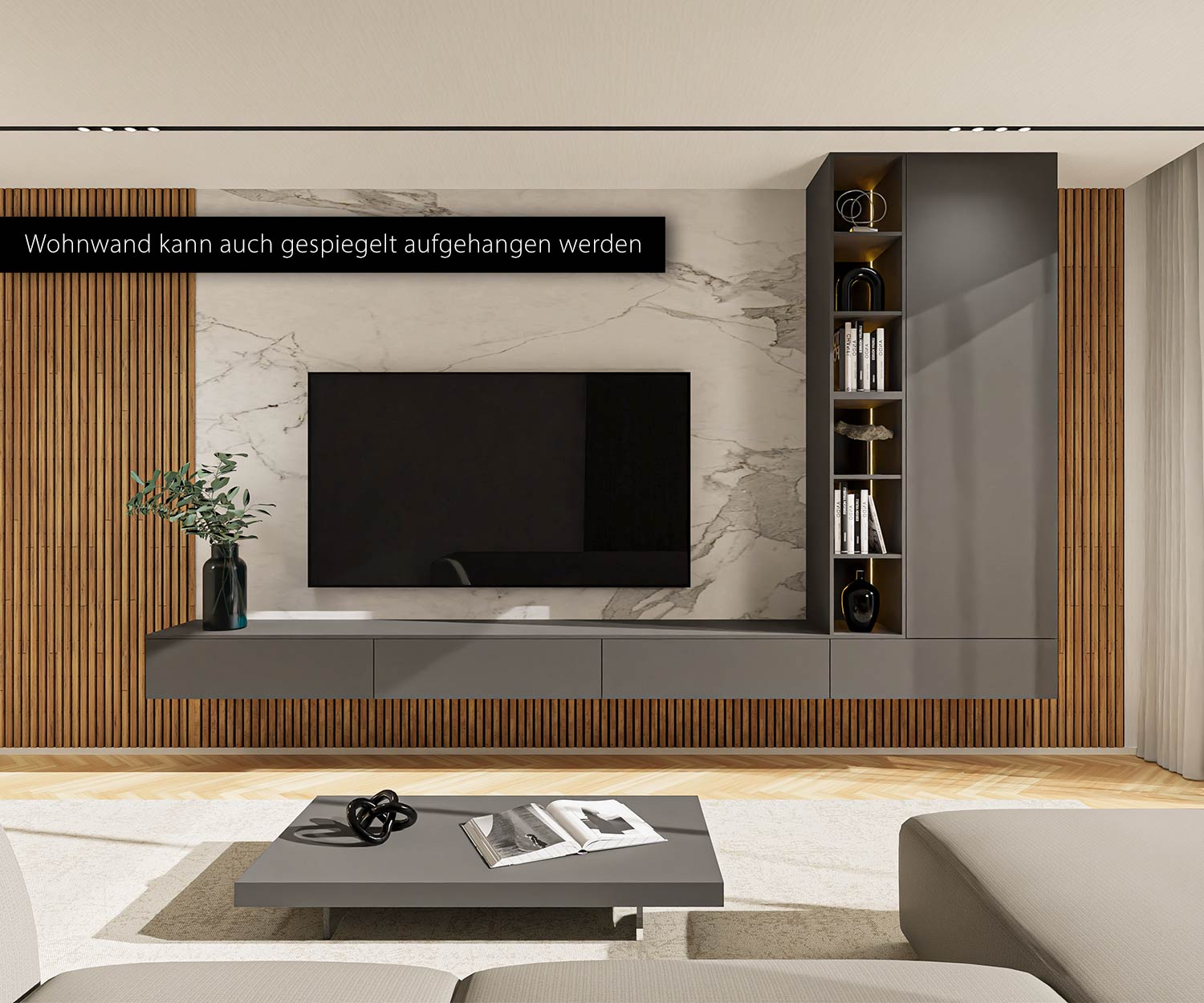 Moderne Wohnwand mit Bücherregal Moderne Wohnwand mit Bücherregal