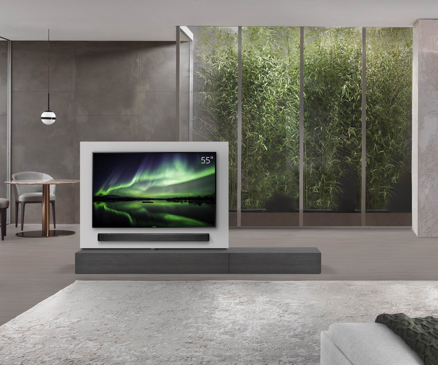 Livitalia Roto design lowboard room divider with swivelling TV panel W150 65 H25 D56 EiGr B90re oBox