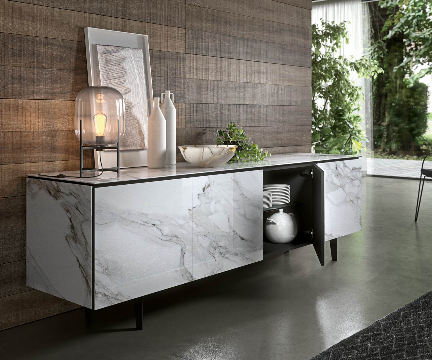 Design Sideboard Keramik Glaseinlegeboden Tuer offen Design Sideboard Keramik Glaseinlegeboden Tuer offen