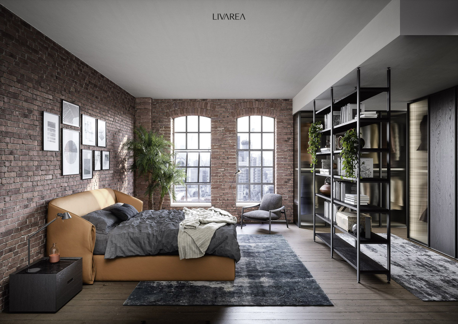 Elegantes Design Schlafzimmer mit Polsterbett und Bücherregal