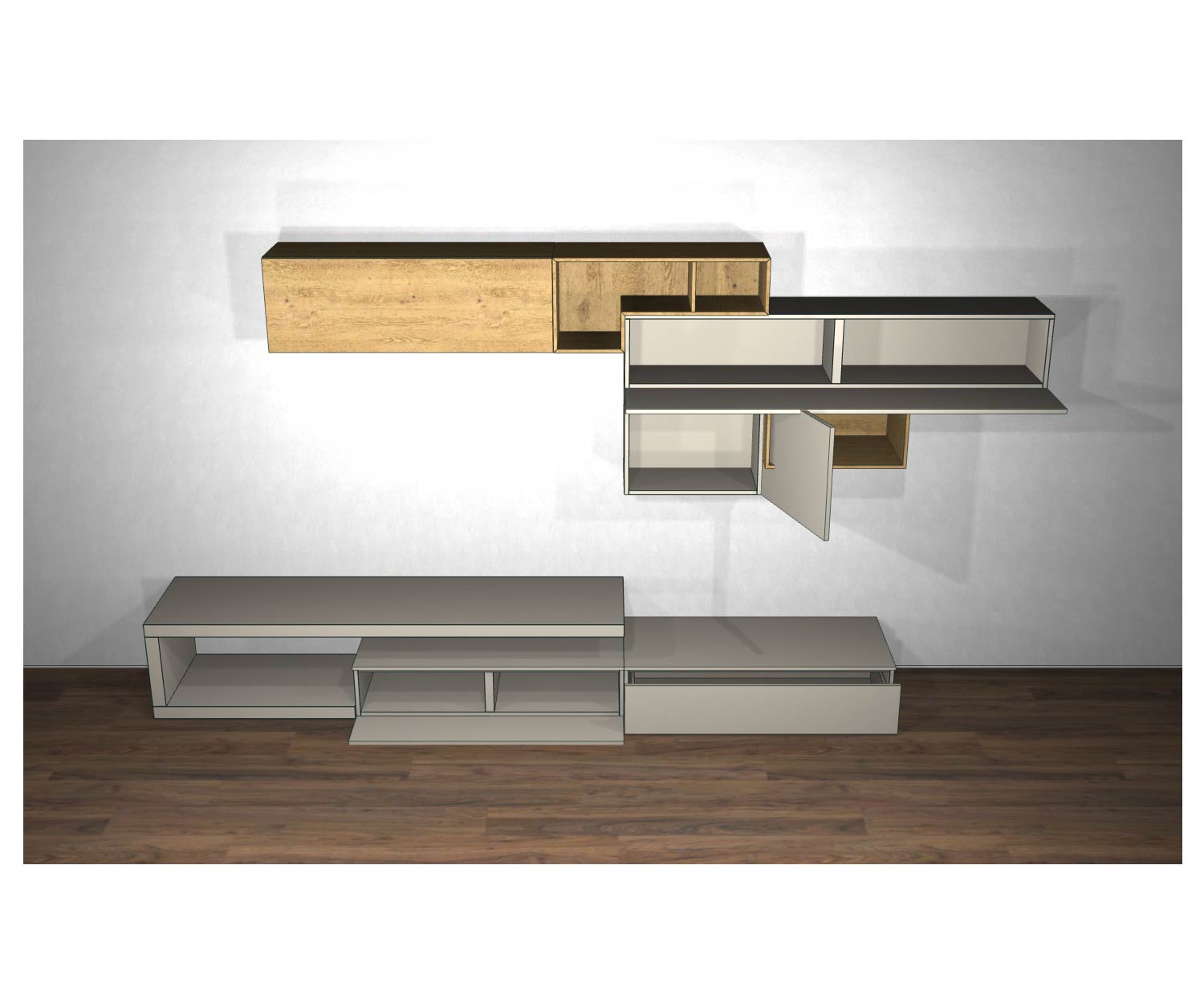 Livitalia Design wall unit C22 sketch with open doors and elements Livitalia Design wall unit C22 sketch with open doors and elements