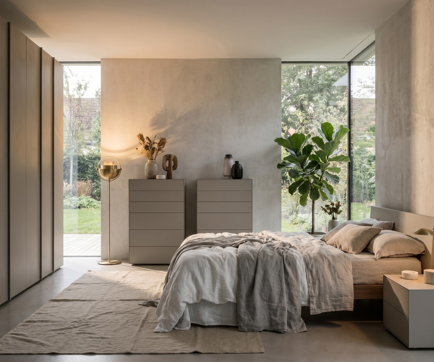 Livitalia Ecletto Hochkommode im Schlafzimmer, hellgraue Design-Kommode mit grifflosen Schubladen für viel Stauraum.