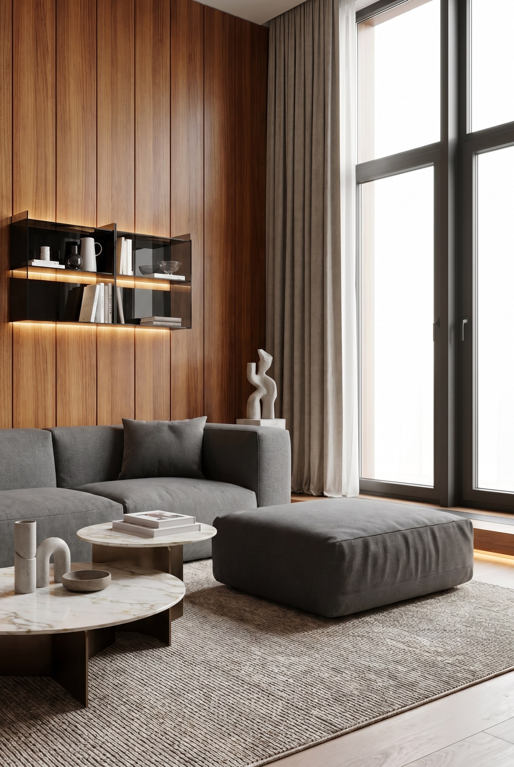 Woonkamer met verticale houten bekleding en een lage, kussenachtige poef in mosgroen op de vloer