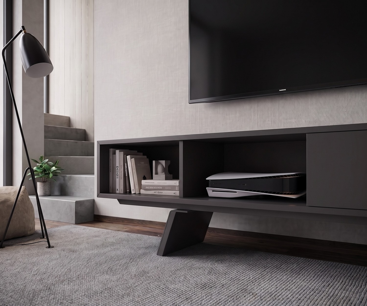 al2 e-klipse 005 TV Lowboard with open shelves al2 e-klipse 005 TV lowboard in a modern living room. Minimalist dark grey TV cabinet with open media compartments.