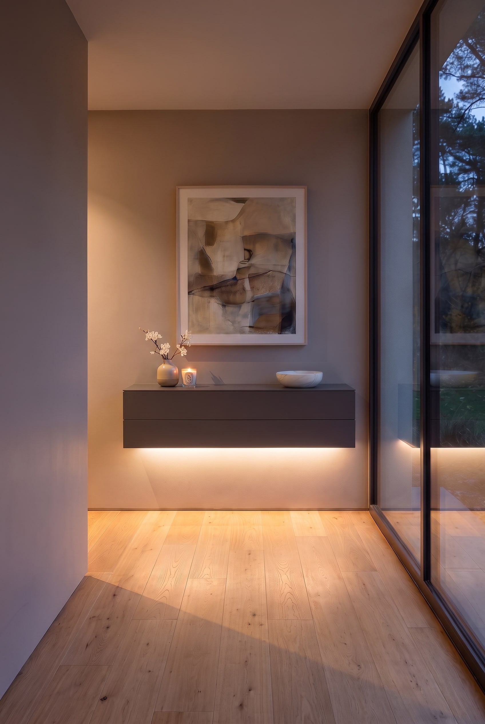 Vista frontale di una cassettiera da corridoio grigio scuro con quadro astratto, illuminazione LED indiretta e parquet in rovere.