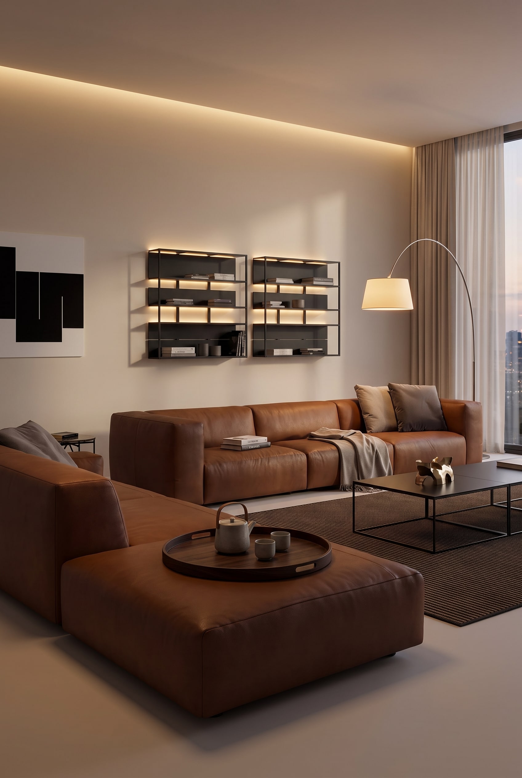 Vrijstaande kruk naast een elegante lederen bank als flexibele en stijlvolle uitbreiding van de woonkamer.