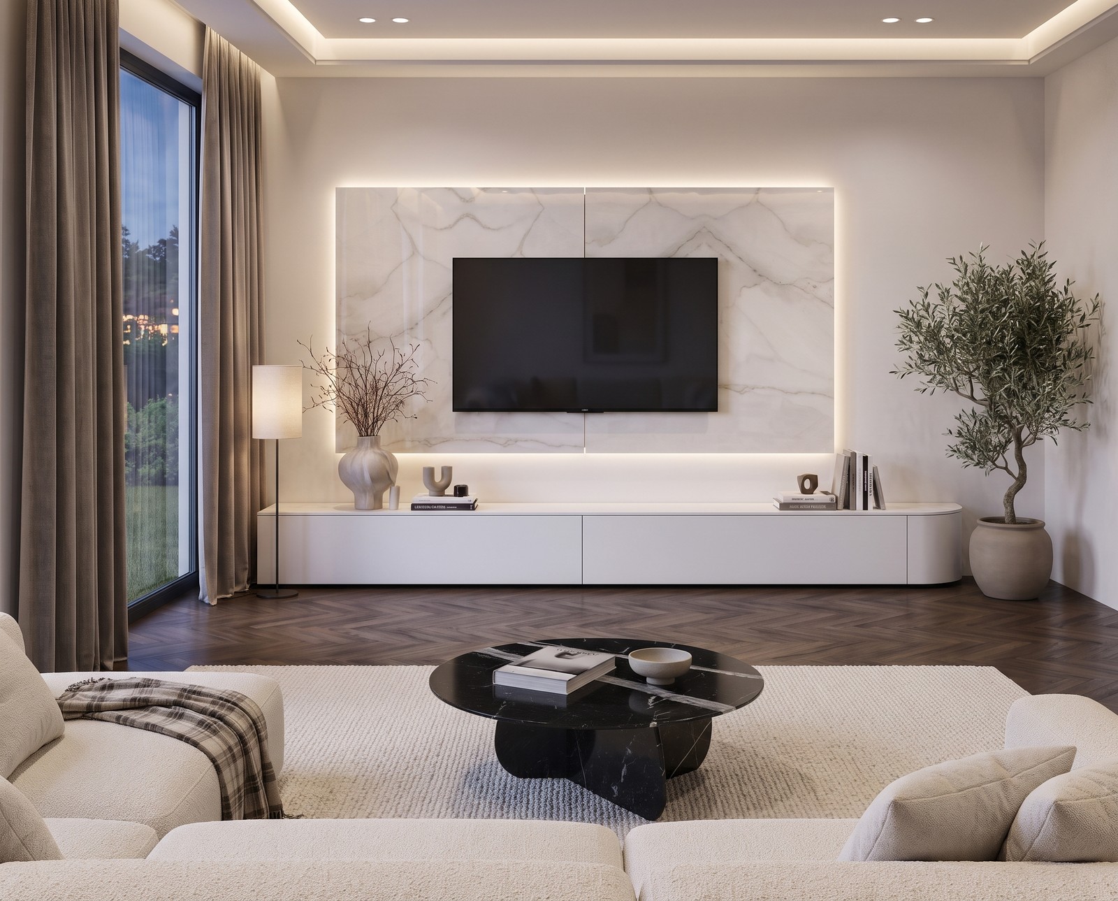 TV Paneel Keramik Weiß B 240 cm mit Fernseher im Wohnzimmer