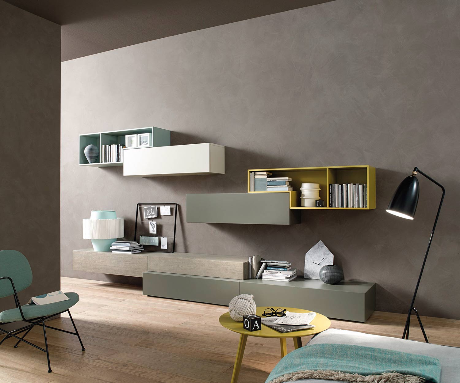 Wall unit with Tetris shelving modules combined with wall units Wall unit with Tetris shelving modules combined with wall units