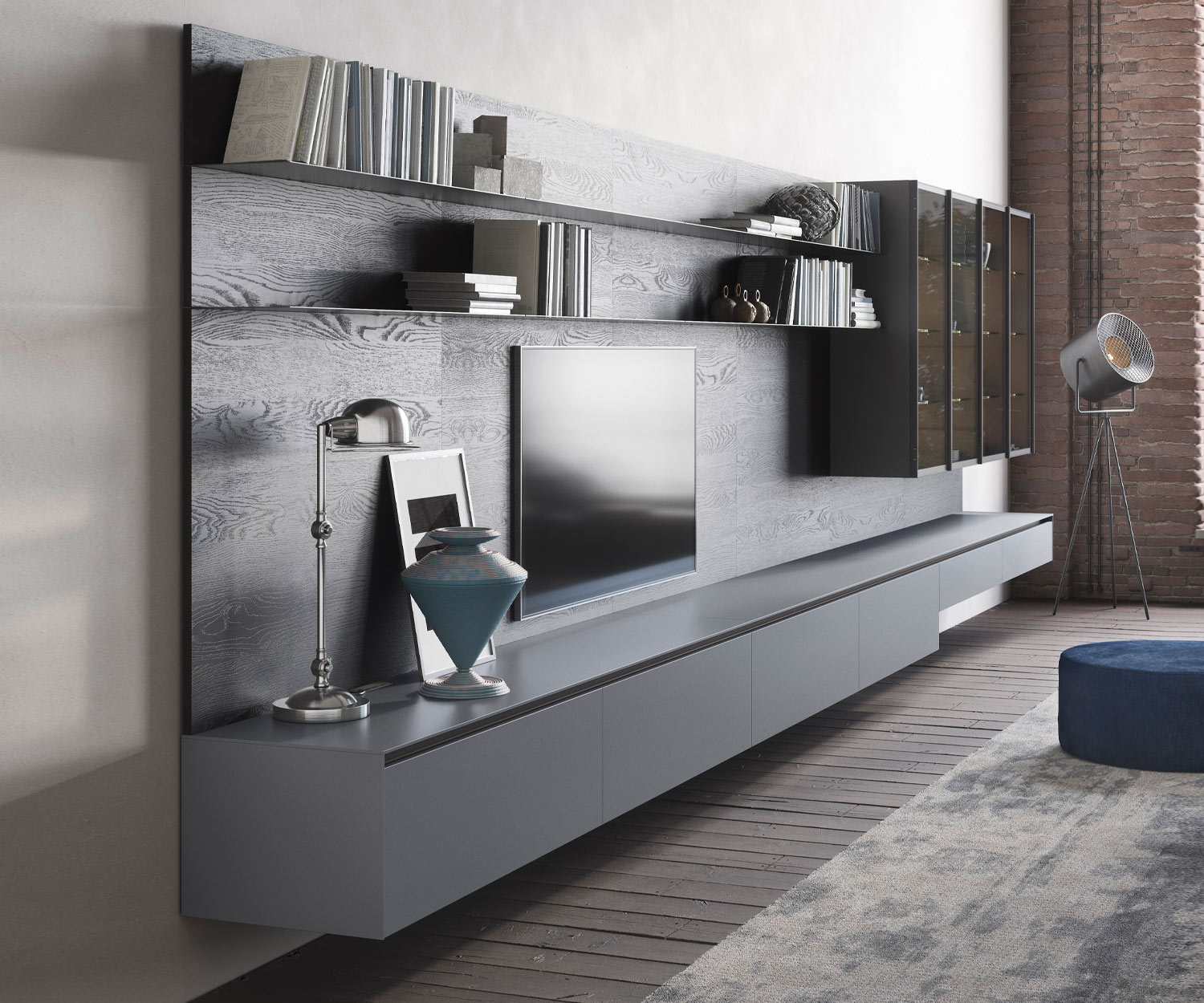 Exklusive Designer Wohnwand von Novamobili LV016 mit Regal Glasvitrine Wandpaneel