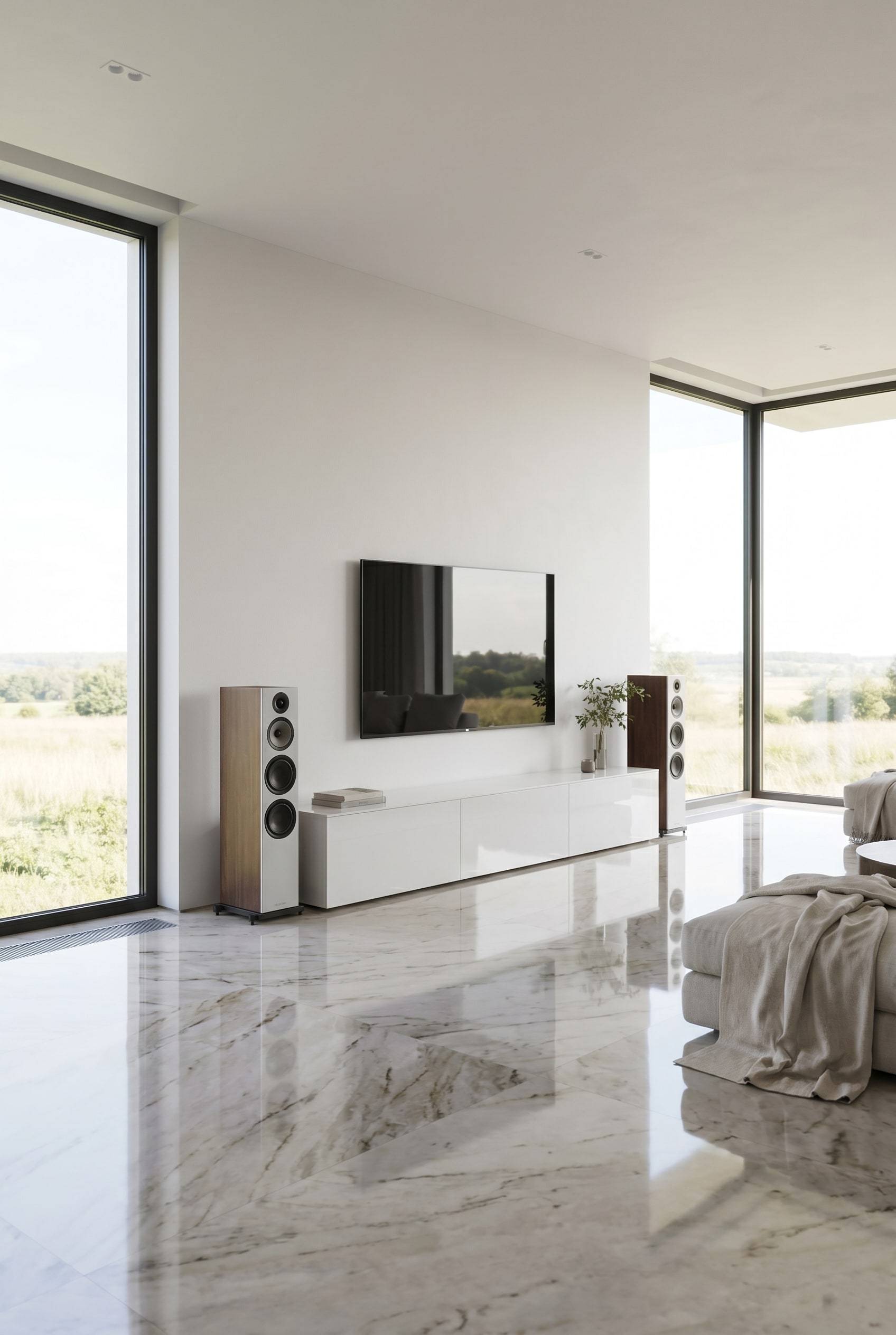Ruime woonkamer met lang, wit hoogglans lowboard en perfect symmetrisch geplaatste high-end luidsprekers