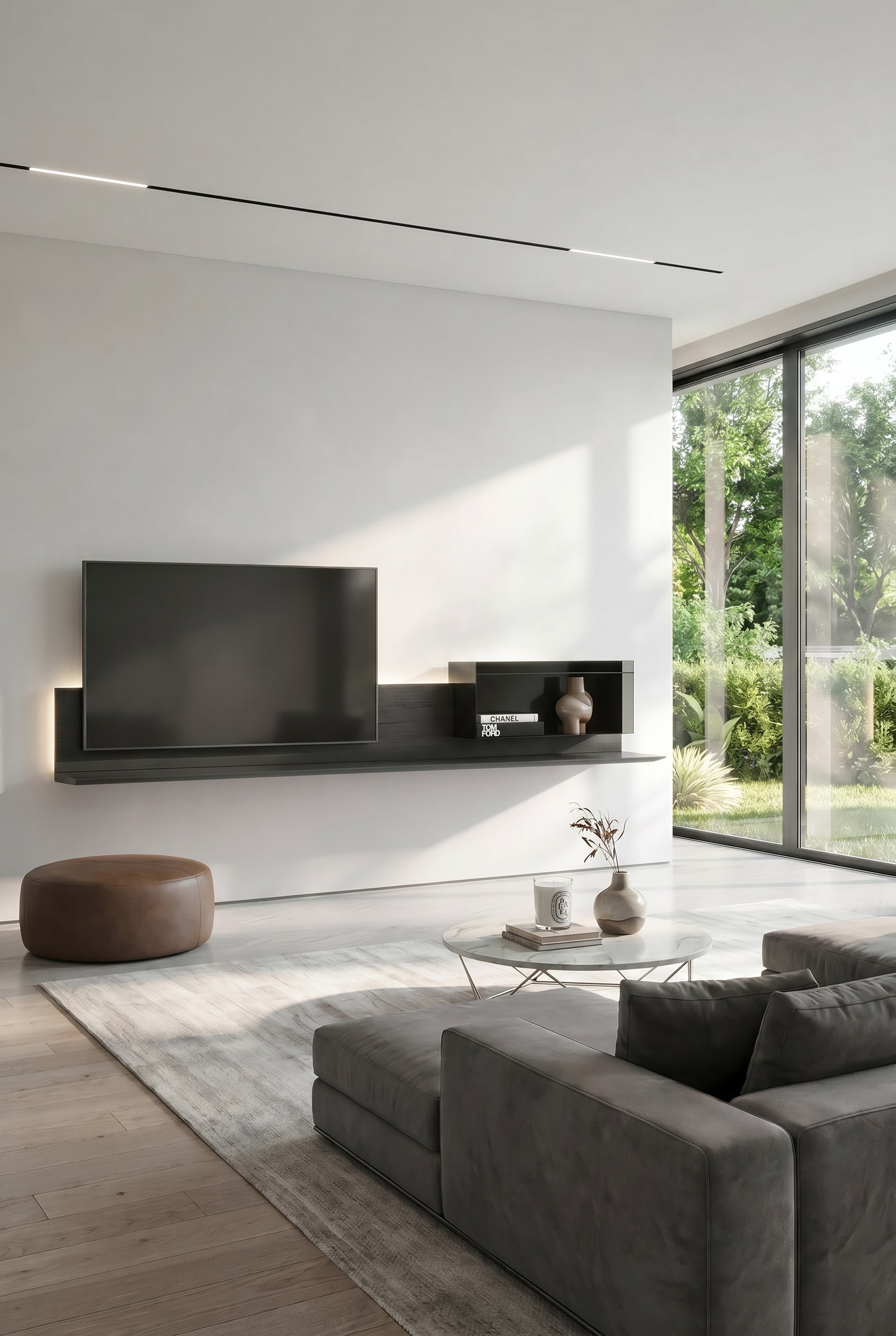 Schwebendes TV Wandboard mit 20 Zentimetern Bodenfreiheit in einem modernen Wohnzimmer