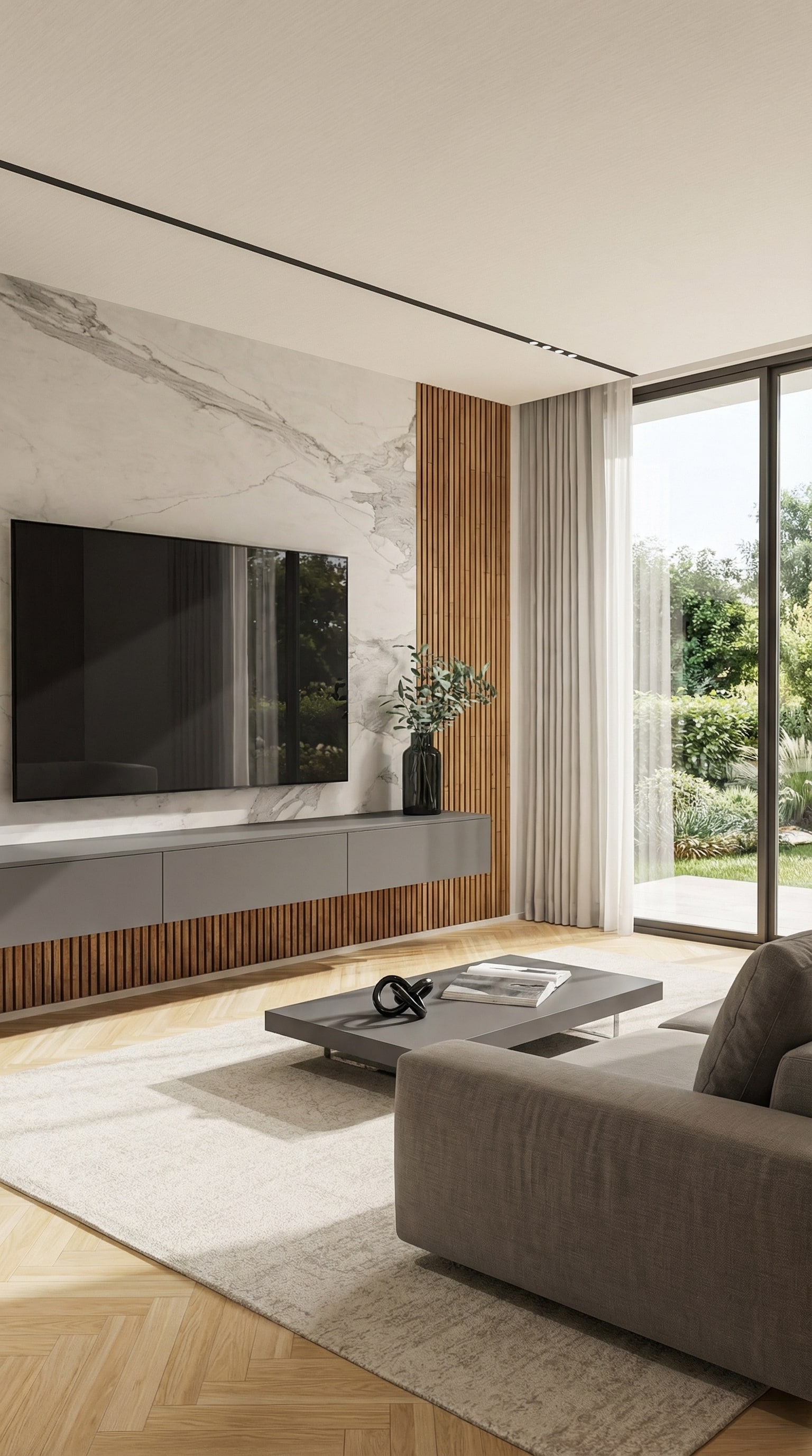 Meuble mural Livitalia C103 avec des lamelles de bois verticales et un panneau arrière en optique marbre noble Meuble mural Livitalia C103 avec des lamelles de bois verticales et un panneau arrière en optique marbre noble