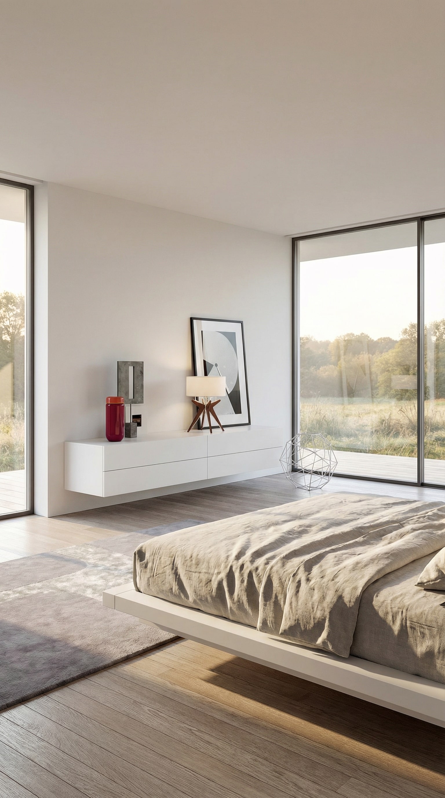 White, minimalist wall-mounted dresser with 4 drawers, floating on the wall in a modern room. White, minimalist wall-mounted dresser with 4 drawers, floating on the wall in a modern room.