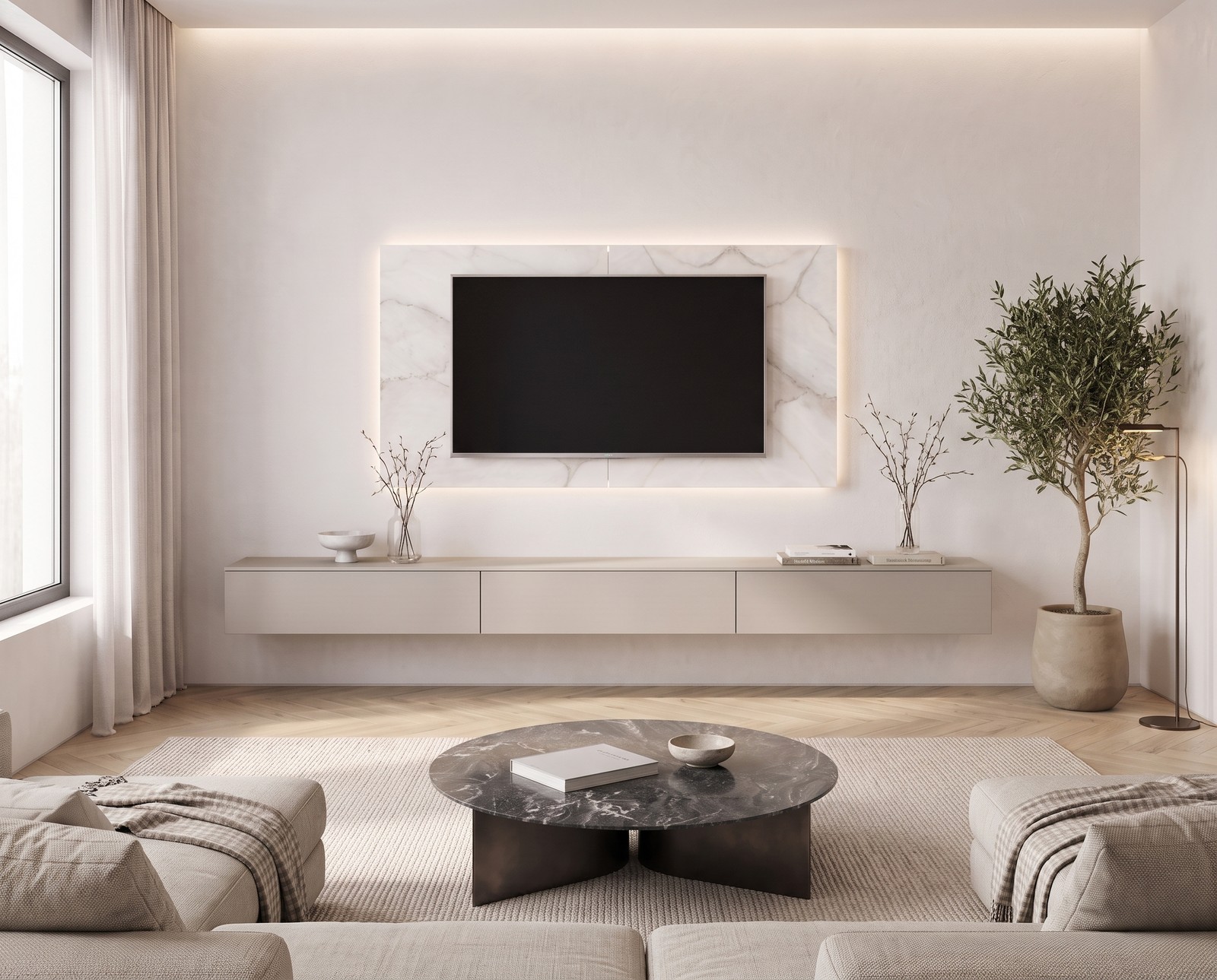 TV Paneel Keramik Weiß B 180 cm mit Fernseher im Wohnzimmer TV Paneel Keramik Weiß B 180 cm mit Fernseher im Wohnzimmer