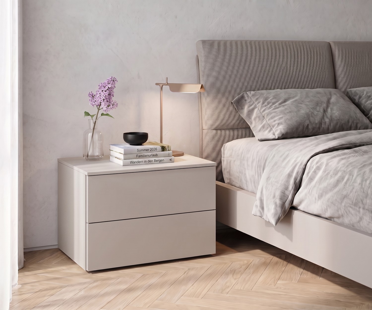 Livitalia Atena minimalist beige bedside table with drawers Livitalia Atena bedside table in the bedroom: minimalist beige nightstand with drawers in a modern, elegant design.