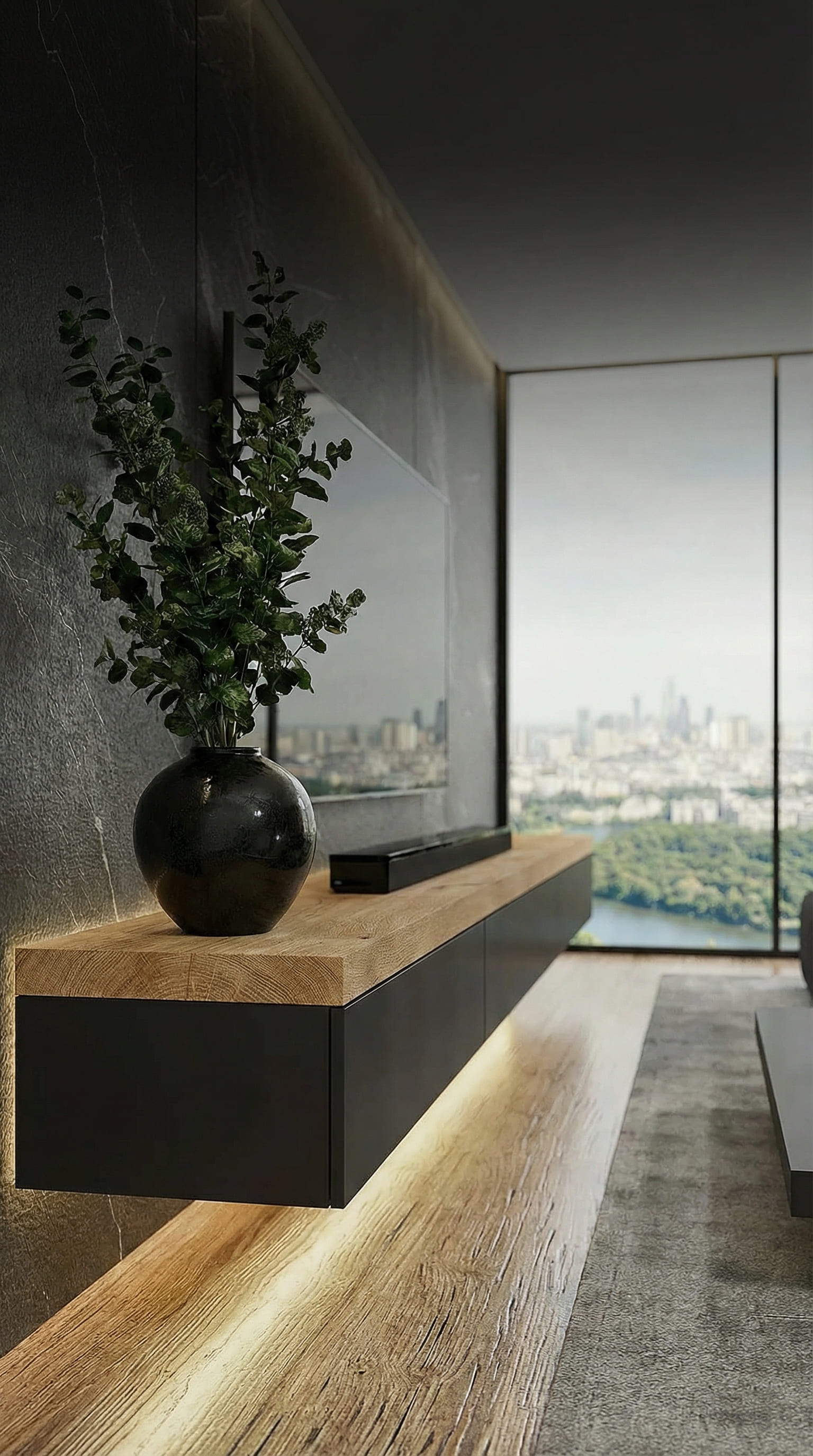 Design Lowboard mit dicker Eichenholzplatte und dunklem Korpus
