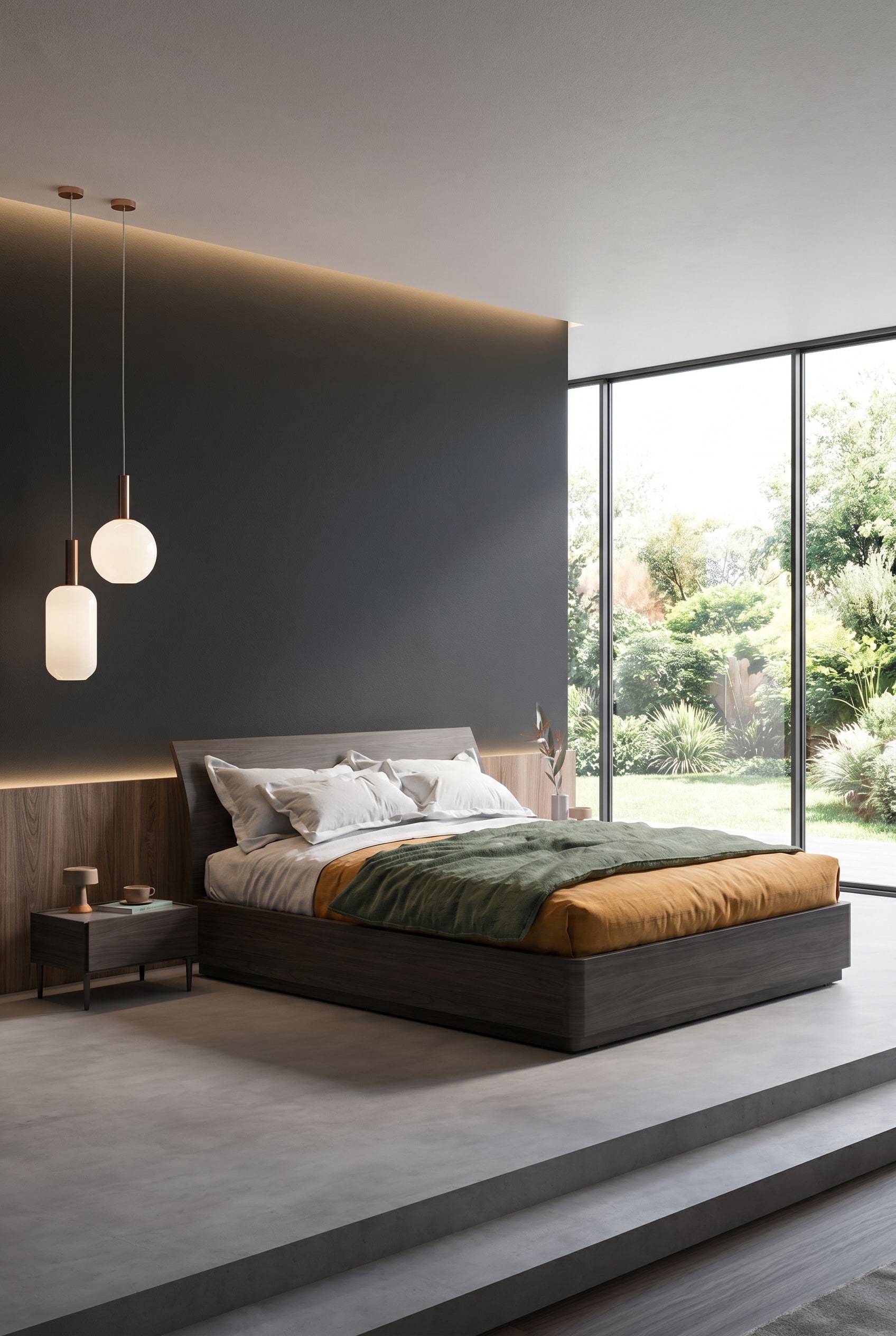 Letto in legno massiccio con testiera curva davanti a una parete scura in una stanza inondata di luce