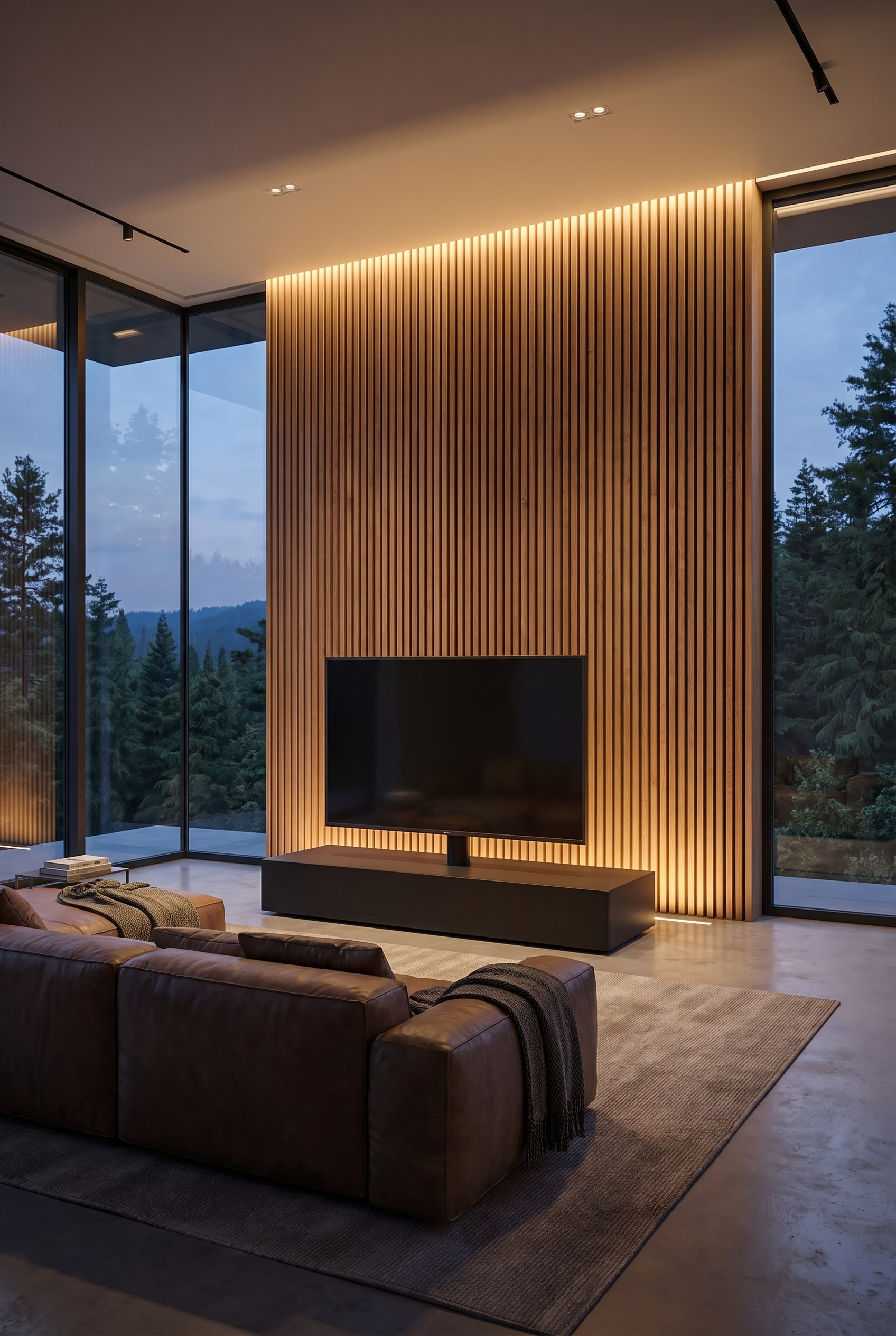 A modern, open living room with a swiveling media panel and a minimalist Livitalia lowboard with a thick top panel.