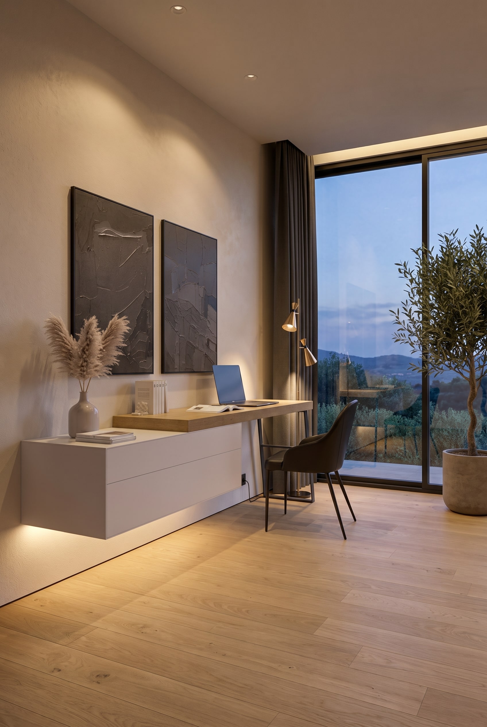Compacte studeerkamer met een zwevende witte Livitalia Ecletto wandcommode en bureau