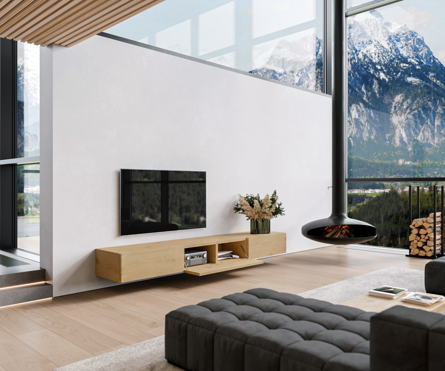 Design Eiche Holz Furnier Wand Lowboard 300cm Design Eiche Holz Furnier Wand Lowboard 300cm