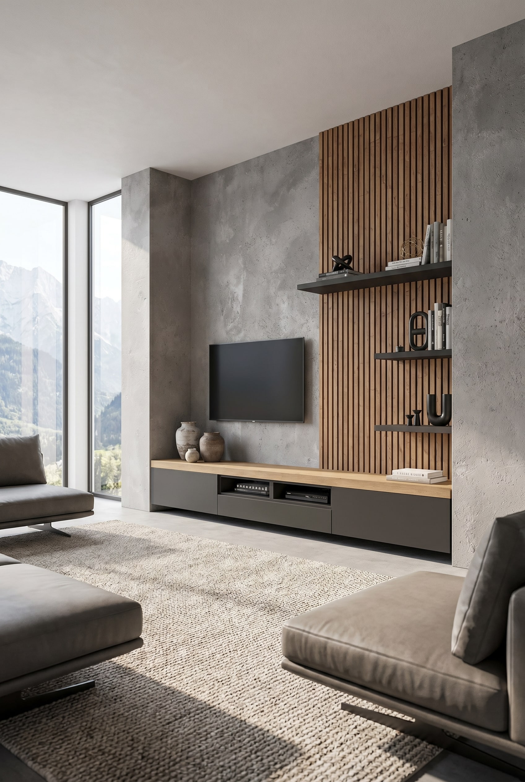 Langes, maßgefertigtes Lowboard in mattem Grau, das die gesamte Wandbreite eines minimalistischen Wohnzimmers einnimmt Langes, maßgefertigtes Lowboard in mattem Grau, das die gesamte Wandbreite eines minimalistischen Wohnzimmers einnimmt