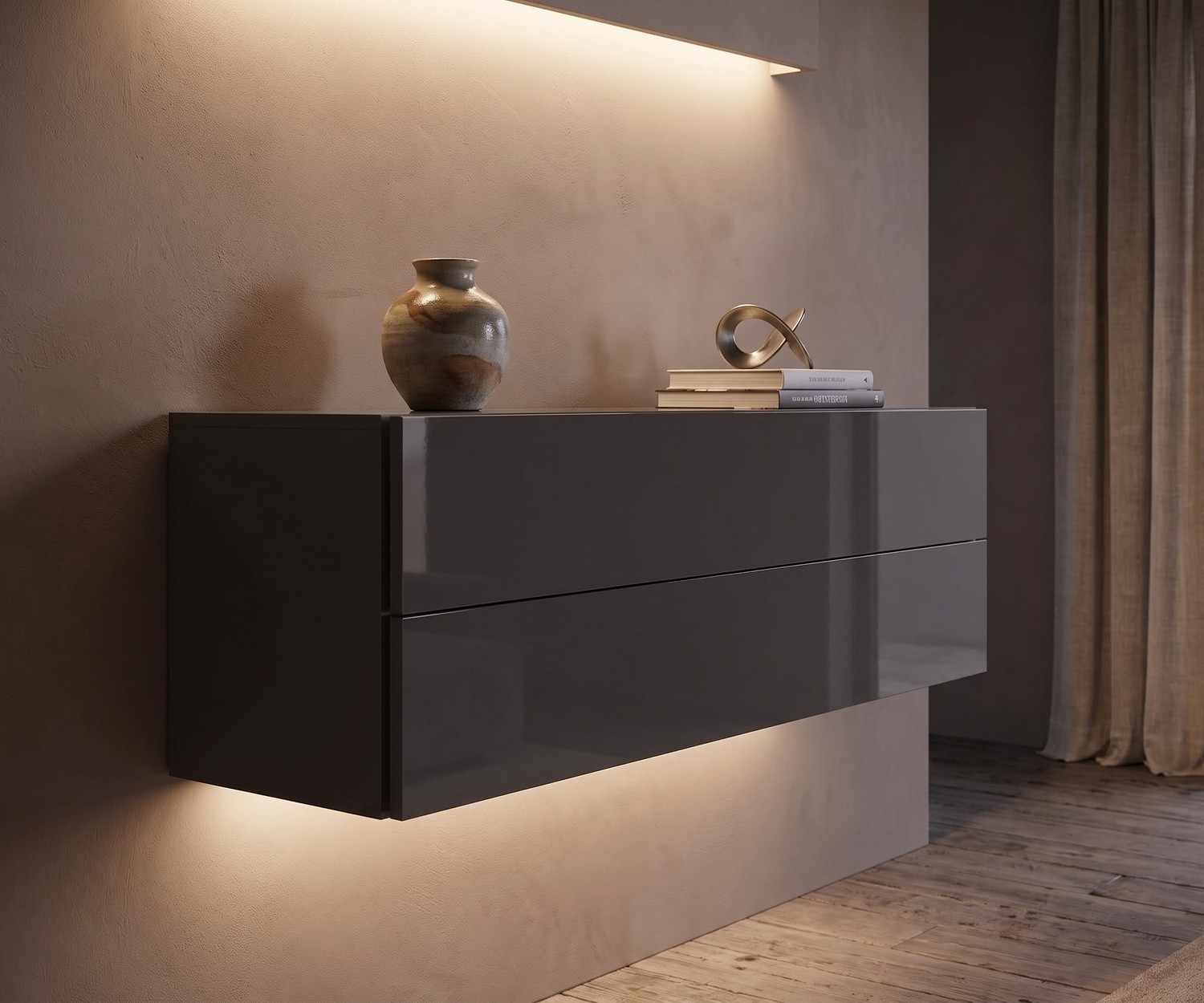 Hängekommode Easy von Novamobili für das Wohnzimmer in Quarzgrau Hochglanz, modernes schwebendes Sideboard mit LED-Licht