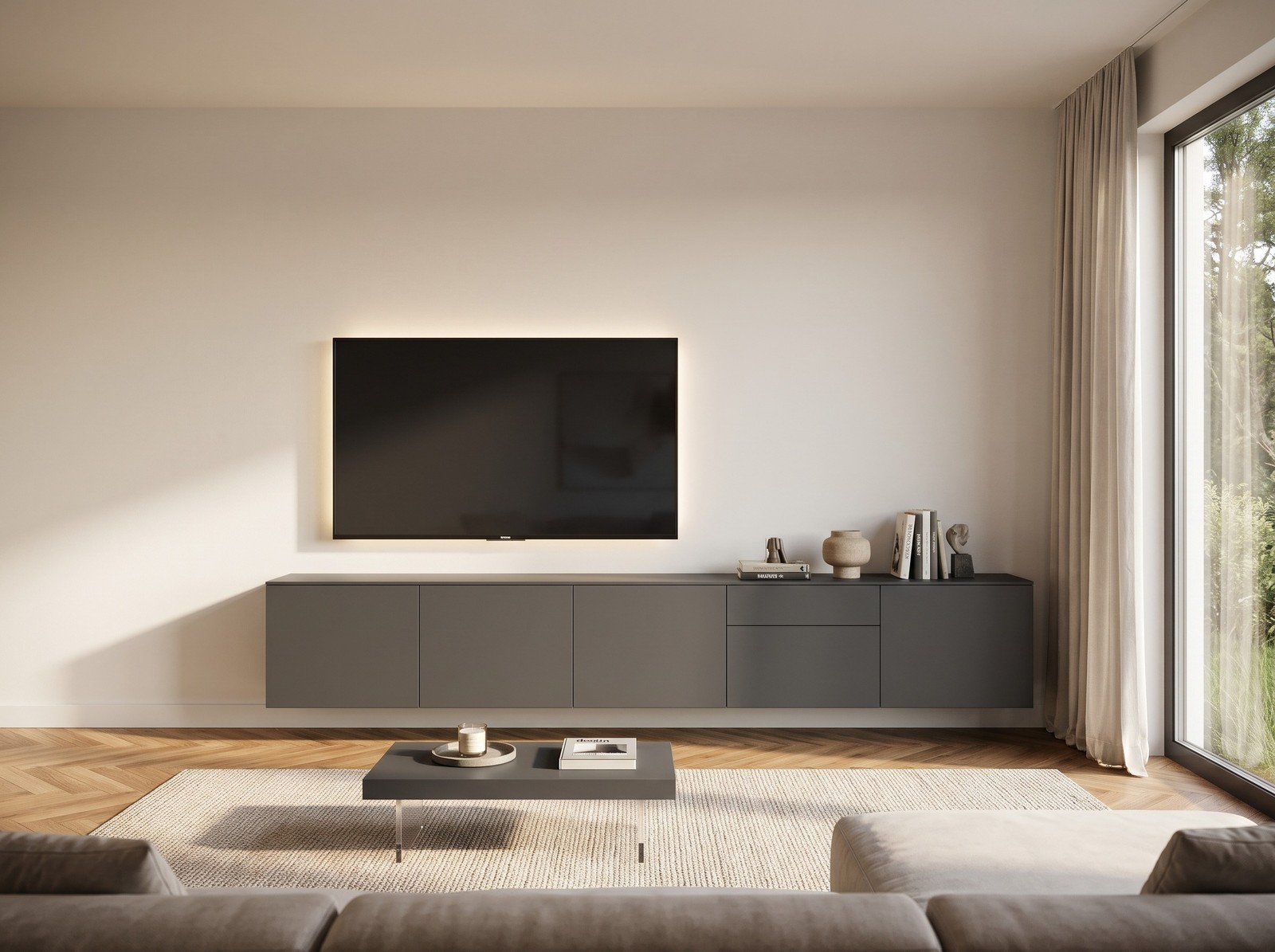 Livitalia Spaziora TV sideboard in matt dark grey, W 300 cm, wall-mounted in a living room Livitalia Spaziora TV sideboard in matt dark grey, W 300 cm, wall-mounted in a living room