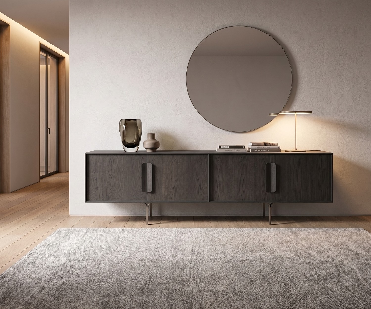 al2 Mobius 003 Design Sideboard aus dunkler Carbone Eiche im minimalistischen Wohnzimmer mit großem runden Wandspiegel.