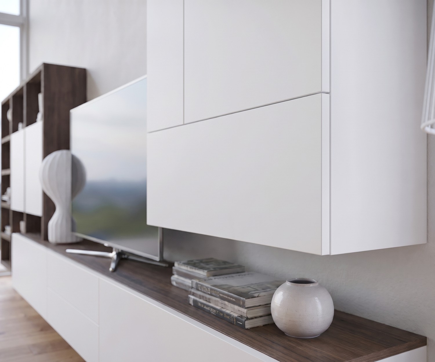 Livitalia Wohnwand C96B | Modernes TV-Lowboard & Hängeschrank Livitalia Wohnwand C96B für das Wohnzimmer: Modernes Lowboard in Eiche Braun und Weiß Matt mit Hängeschrank.
