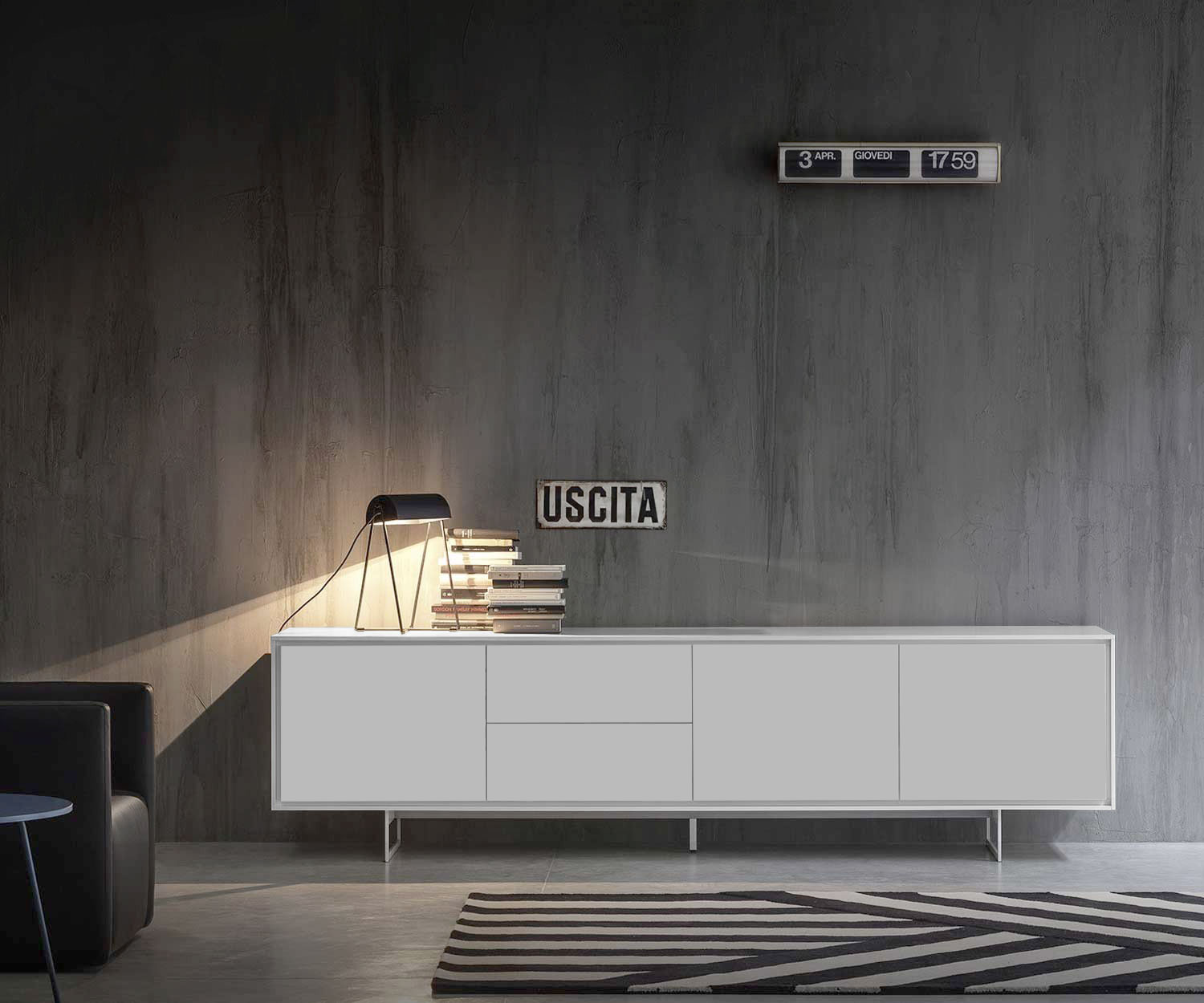 Exklusives Novamobili Design Sideboard Schatten 4 mit 3 Türen und 2 Schubladen in Weiß