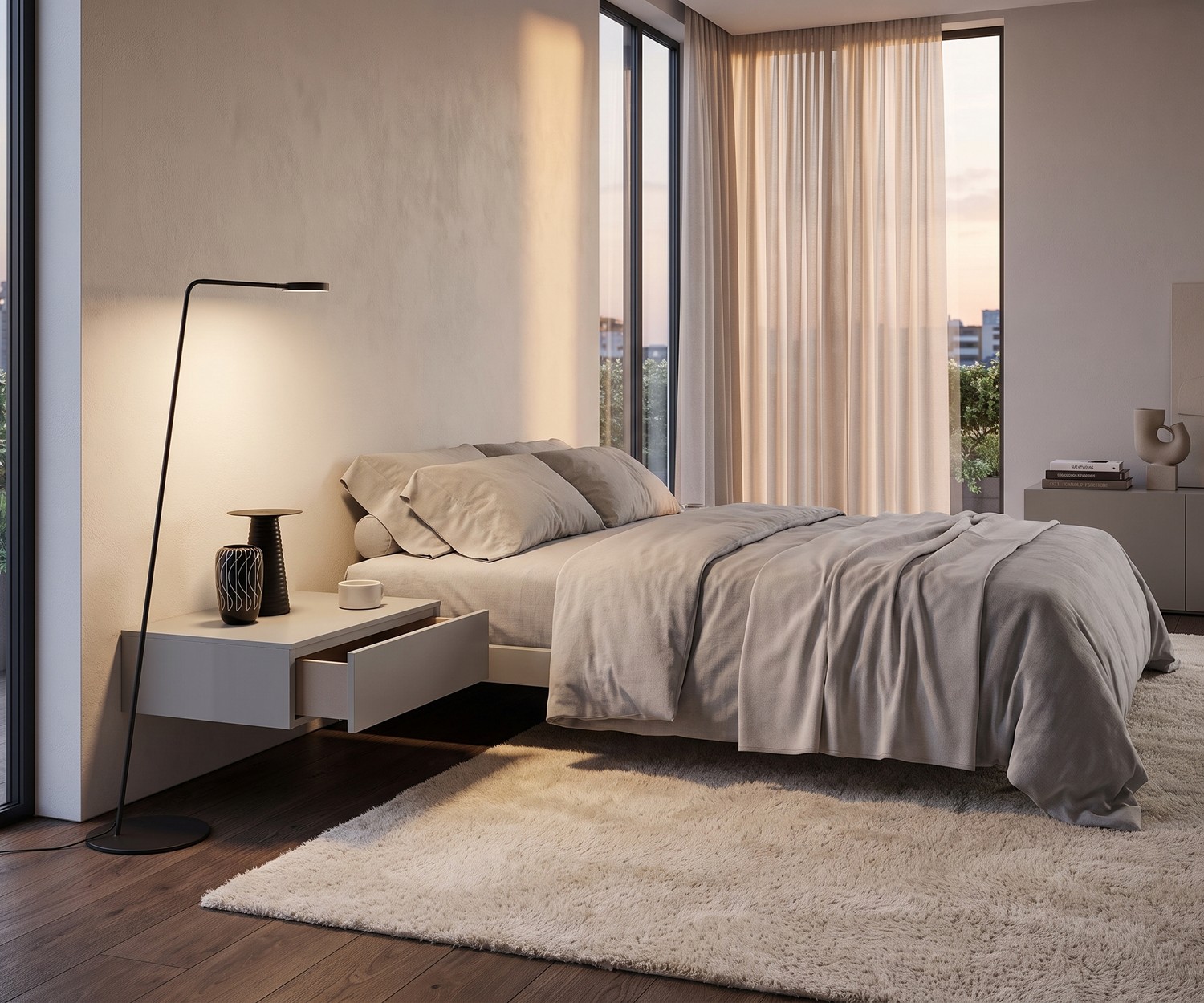 Schwebender Nachttisch Novamobili Easy 1 im Schlafzimmer, hellgrau, grifflos mit geöffneter Schublade im modernen Design.